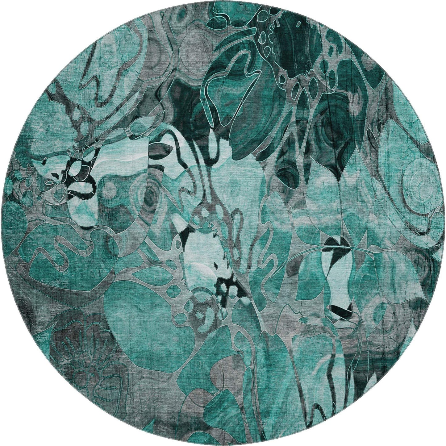 8' Teal And Gray Abstract Distressed Washable Round Rug With UV Protection - HomeRoots - Flyclothing LLC