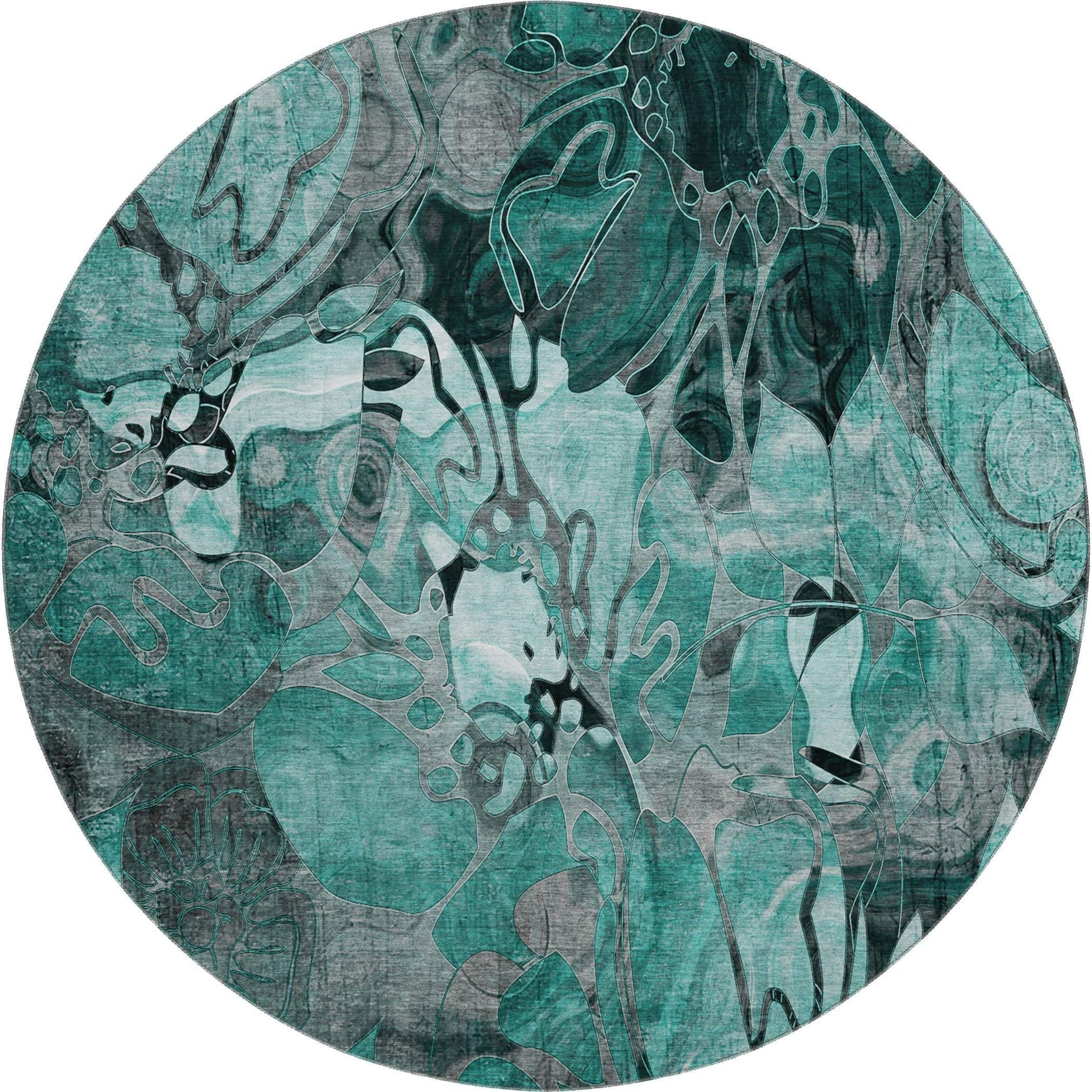 8' Teal And Gray Abstract Distressed Washable Round Rug With UV Protection - HomeRoots - Flyclothing LLC