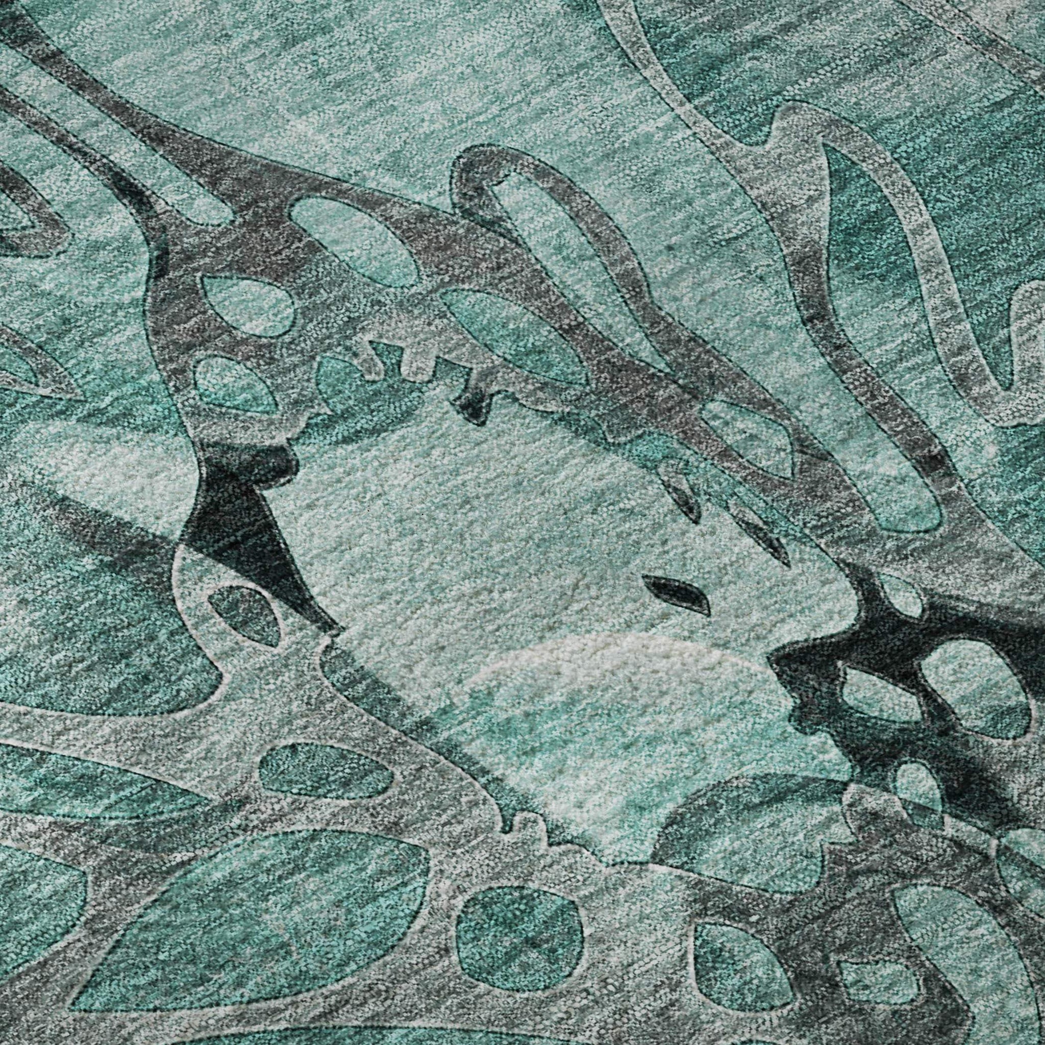 8' Teal And Gray Abstract Distressed Washable Round Rug With UV Protection - HomeRoots - Flyclothing LLC
