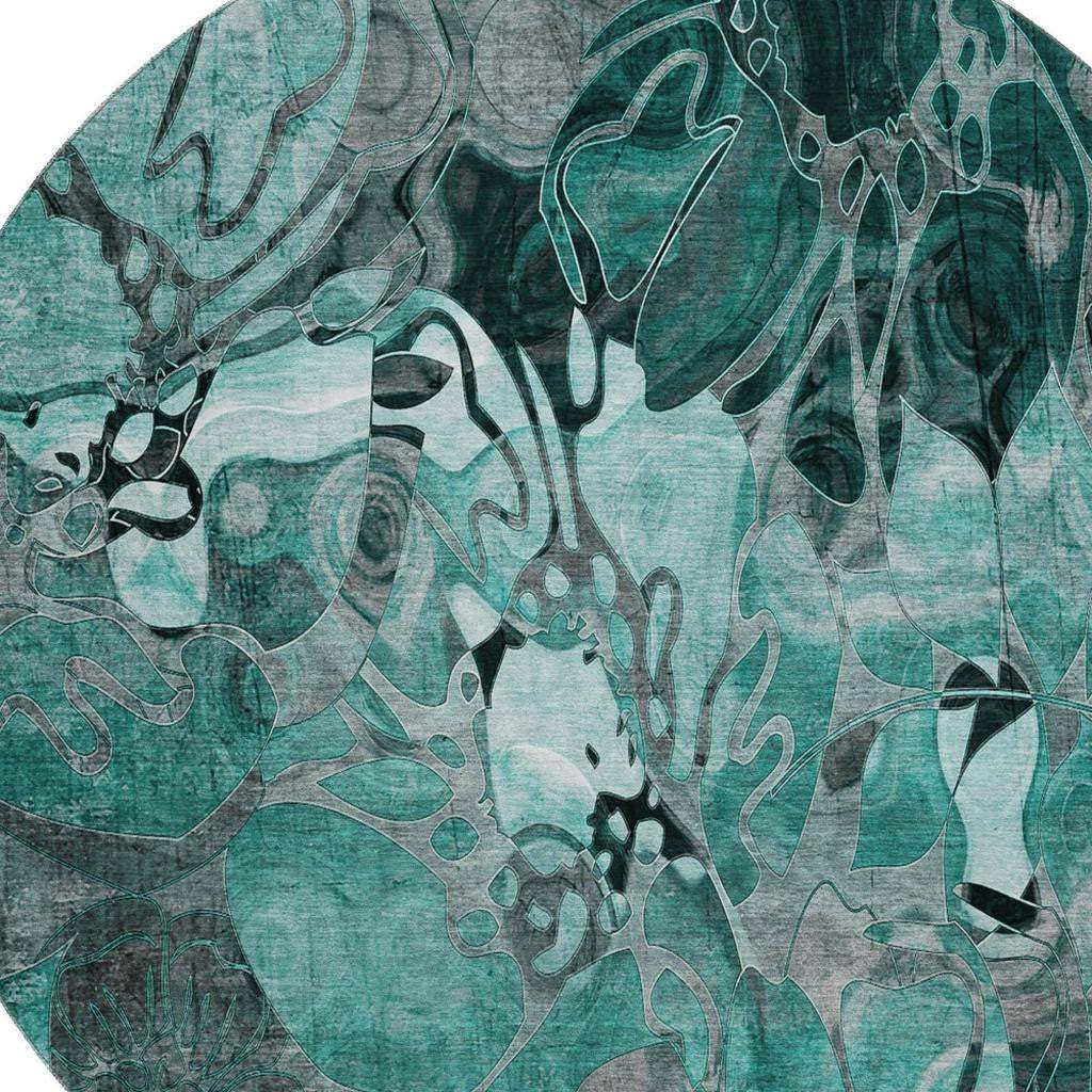 8' Teal And Gray Abstract Distressed Washable Round Rug With UV Protection - HomeRoots - Flyclothing LLC