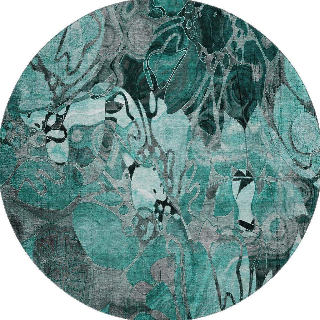 8' Teal And Gray Abstract Distressed Washable Round Rug With UV Protection - HomeRoots - Flyclothing LLC