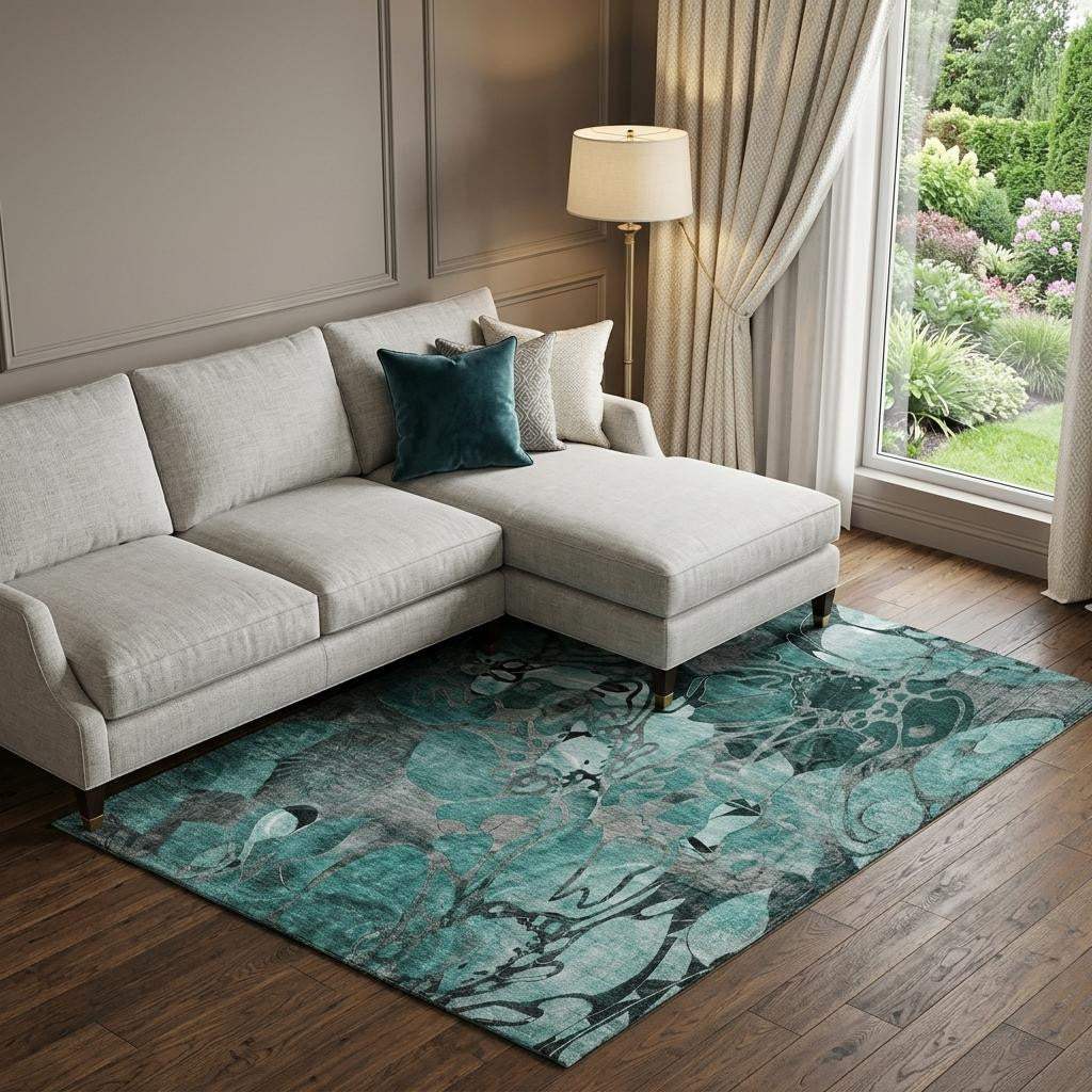 8' X 10' Teal And Gray Abstract Distressed Washable Area Rug With UV Protection - HomeRoots - Flyclothing LLC