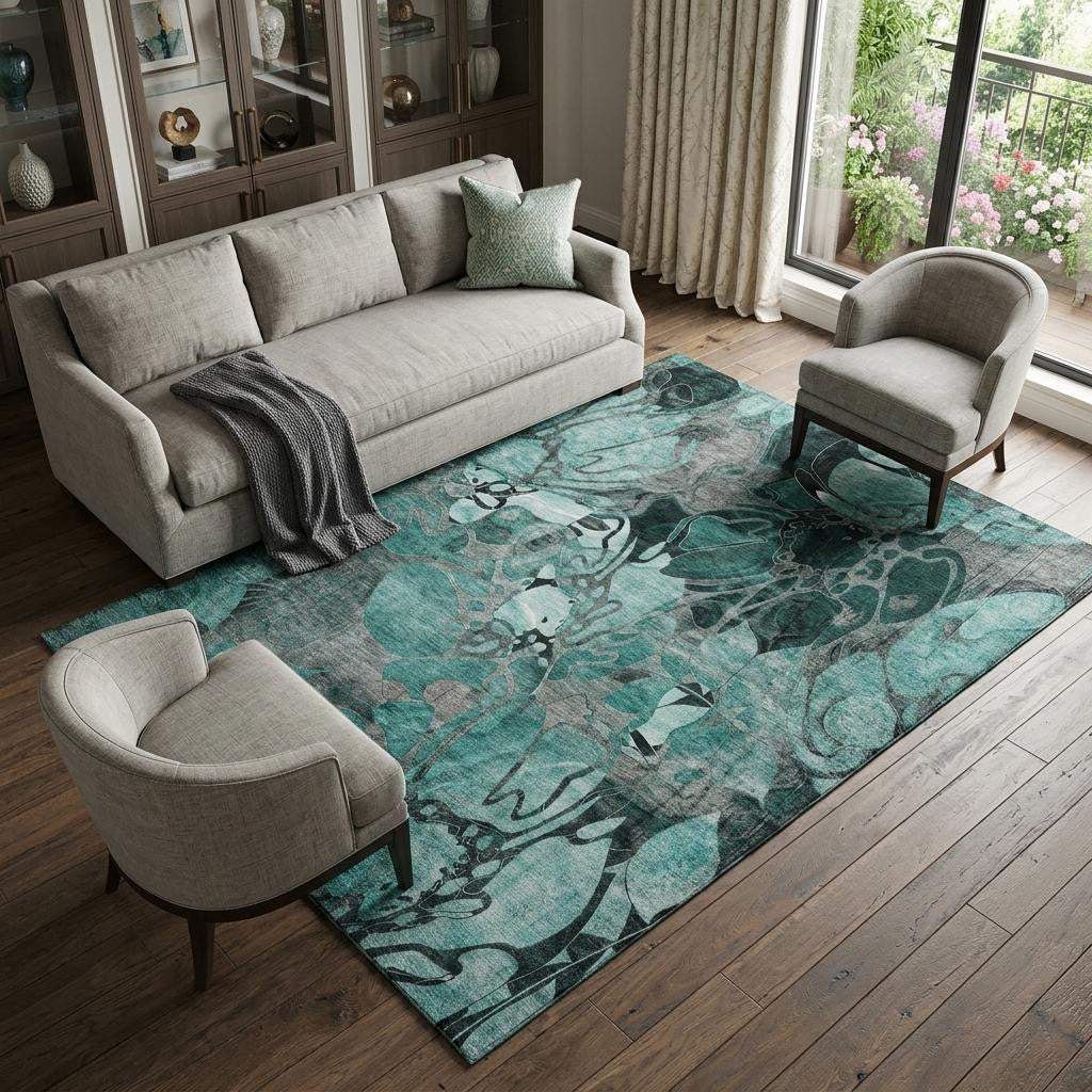9' X 12' Teal And Gray Abstract Distressed Washable Area Rug With UV Protection - HomeRoots - Flyclothing LLC