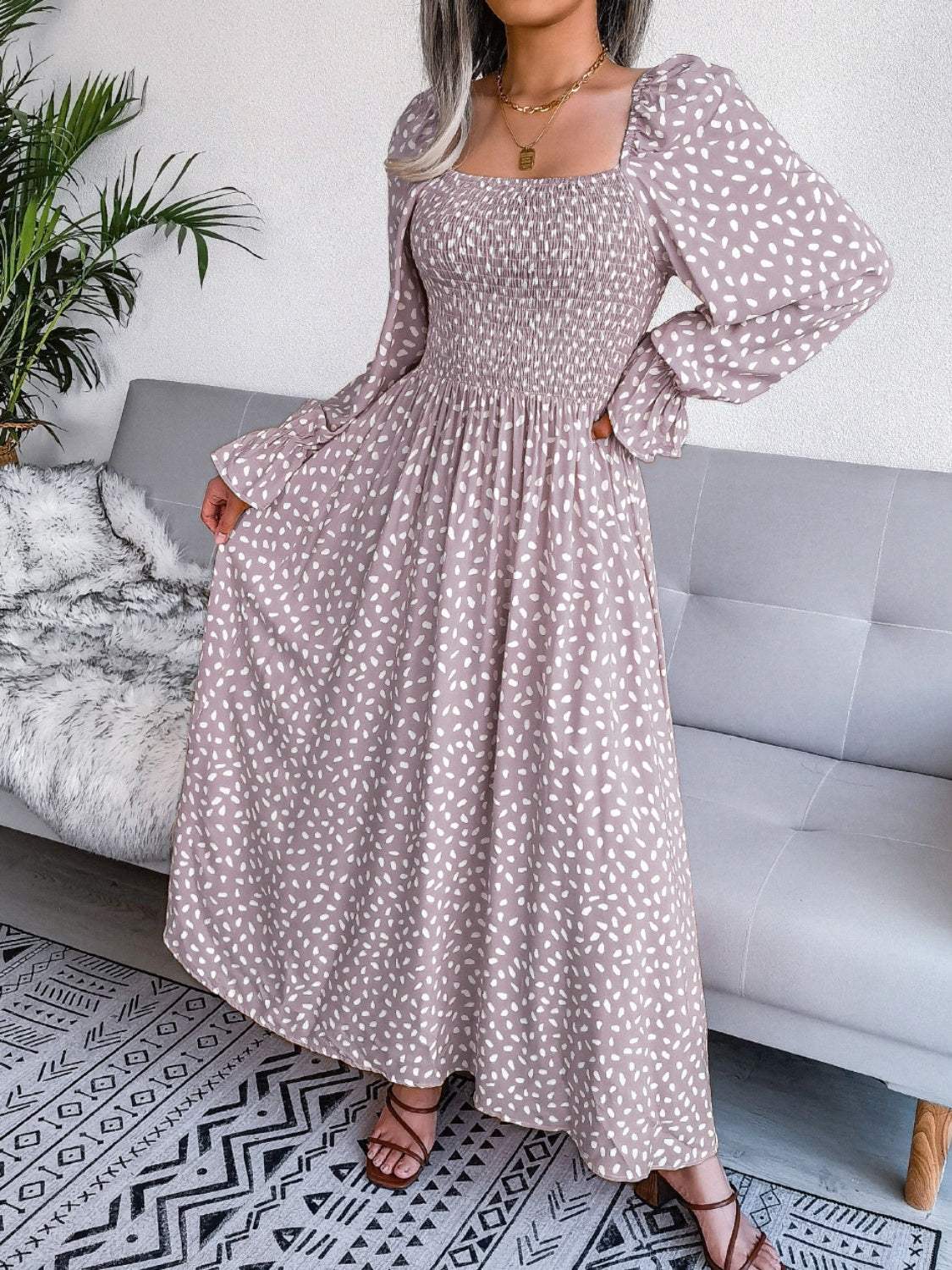 Smocked Square Neck Flounce Sleeve Dress - Trendsi - Flyclothing LLC