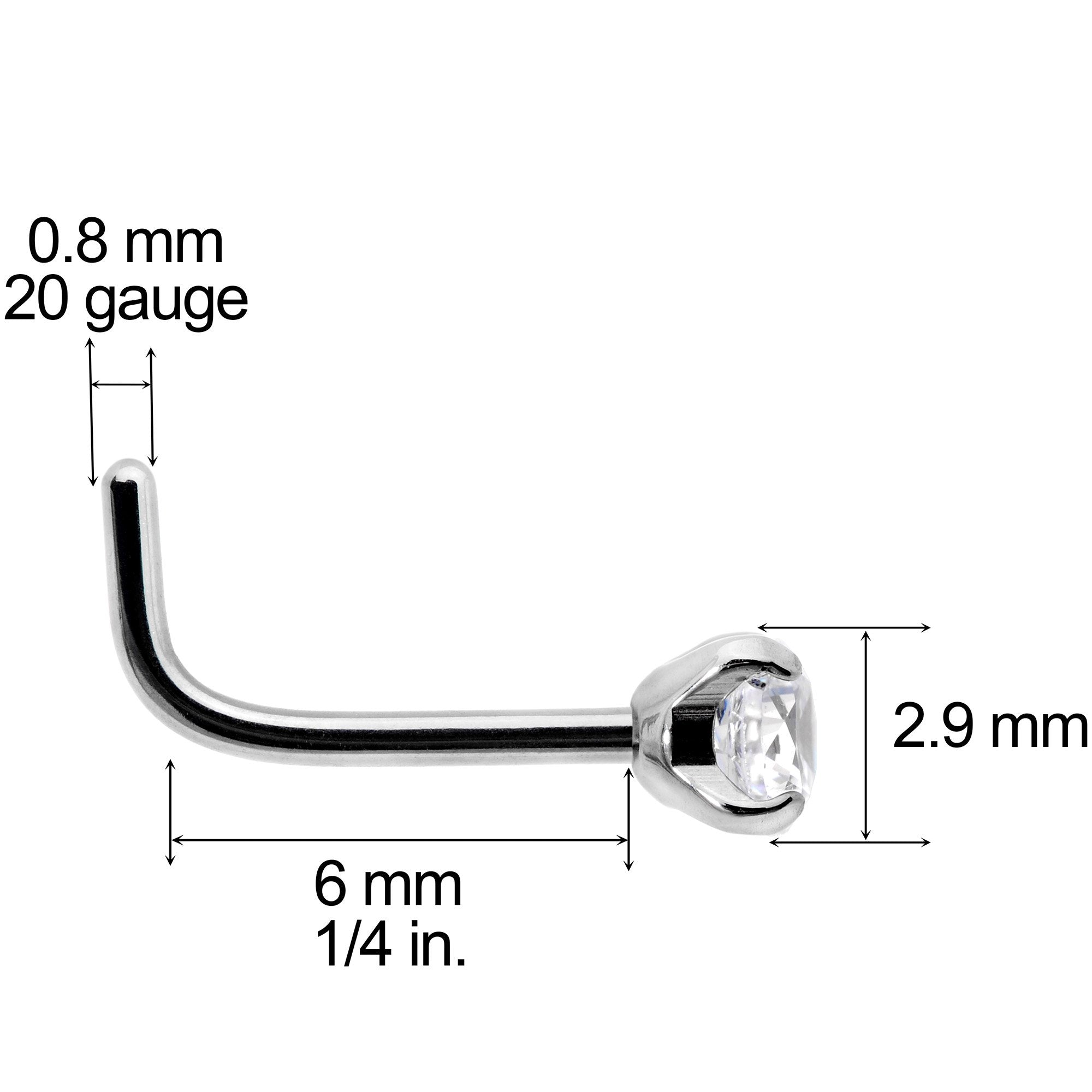 20G 1/4 Clear 3mm CZ Gem Grade 23 Titanium L Shaped Nose Ring - BodyCandy - Flyclothing LLC