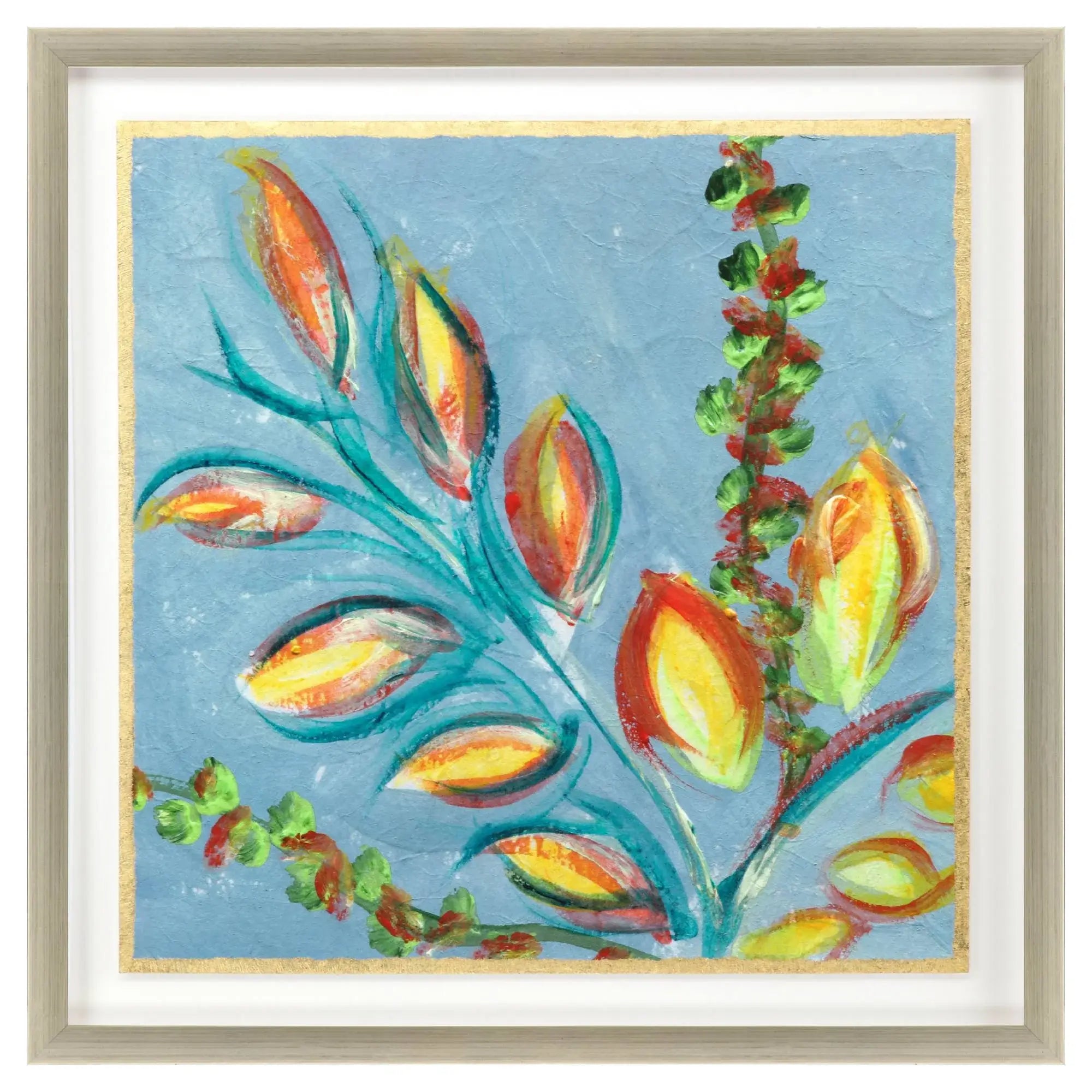 Vibrant Blue And Yellow Modern Floral Giclee Silver Framed Wall Art - Homeroots - Flyclothing LLC