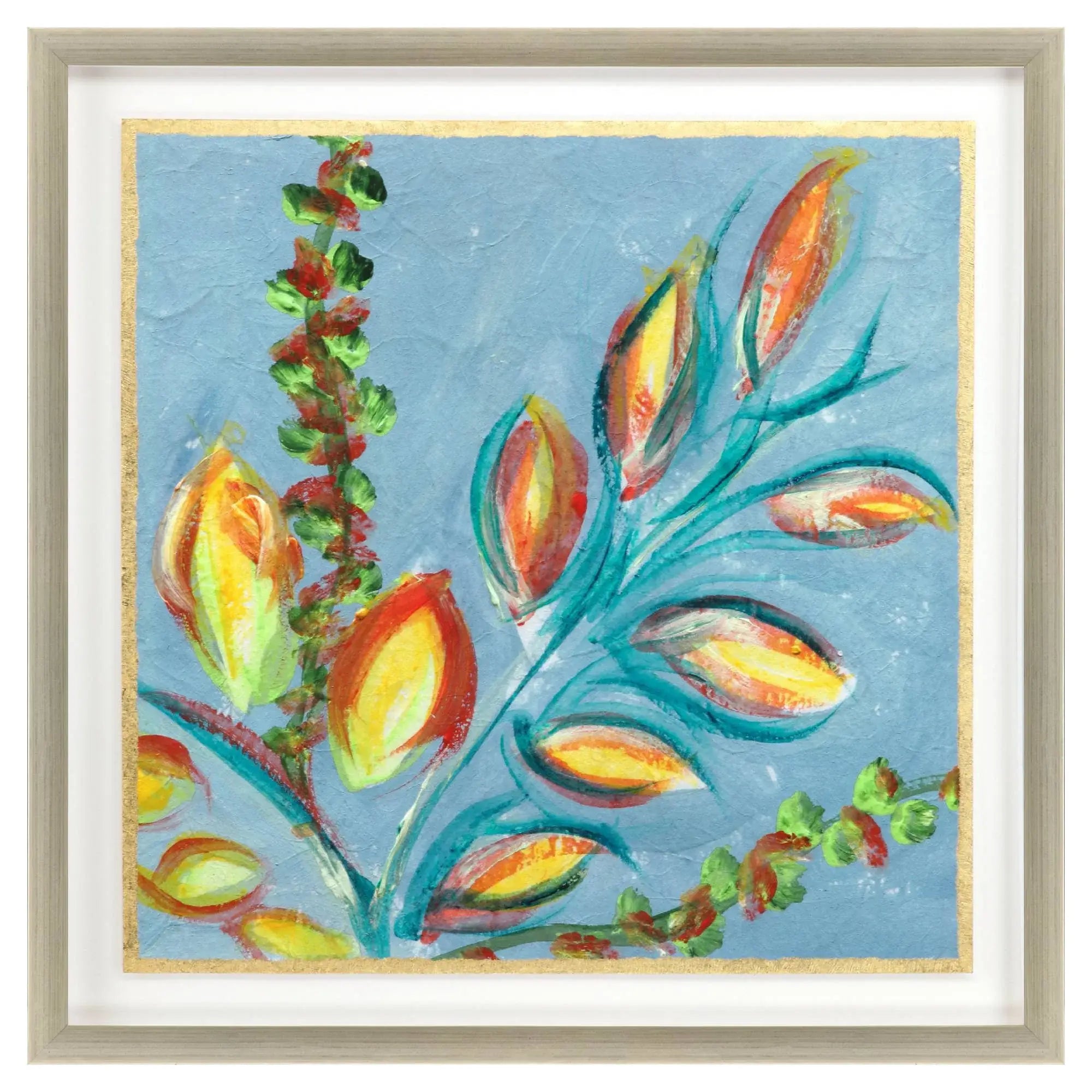 Vibrant Blue And Yellow Modern Floral Giclee Silver Framed Wall Art - Homeroots - Flyclothing LLC