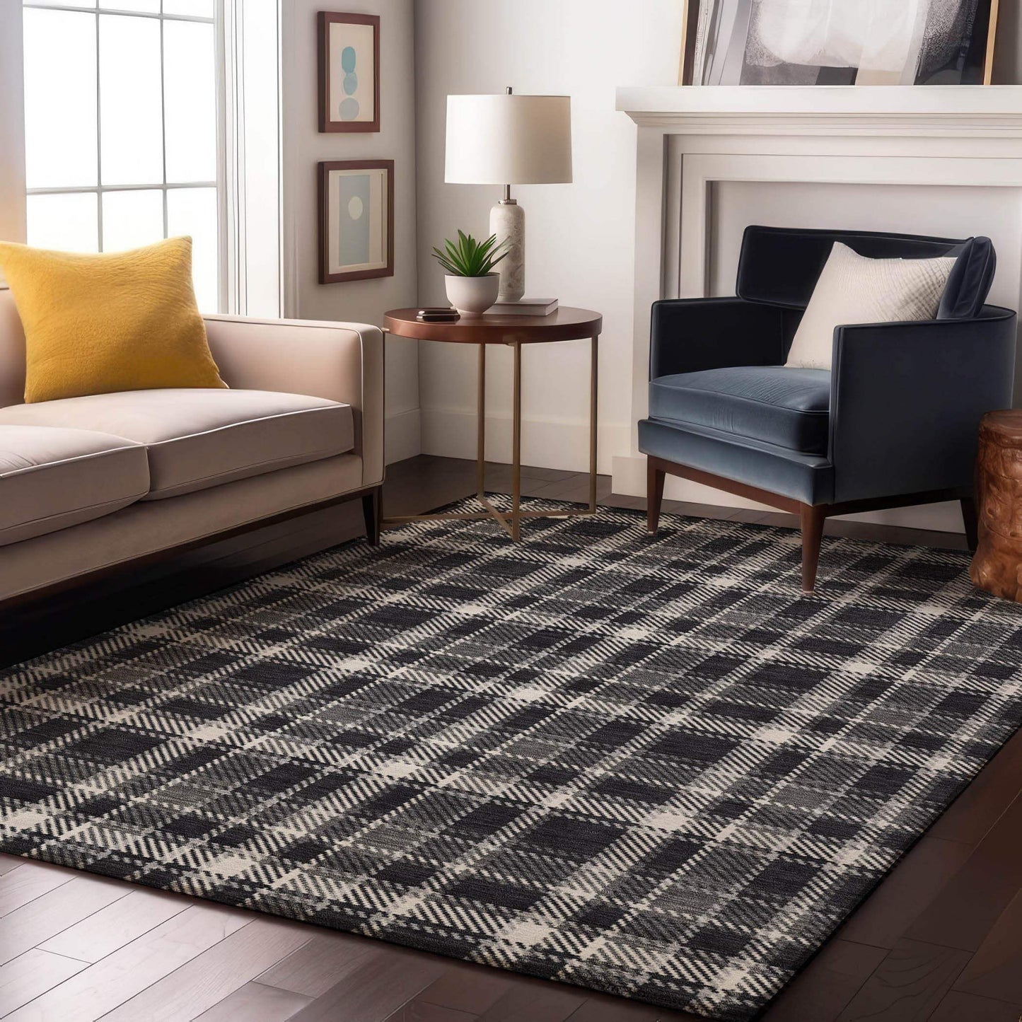 3' X 5' Black And Ivory Plaid Washable Area Rug With UV Protection - HomeRoots - Flyclothing LLC