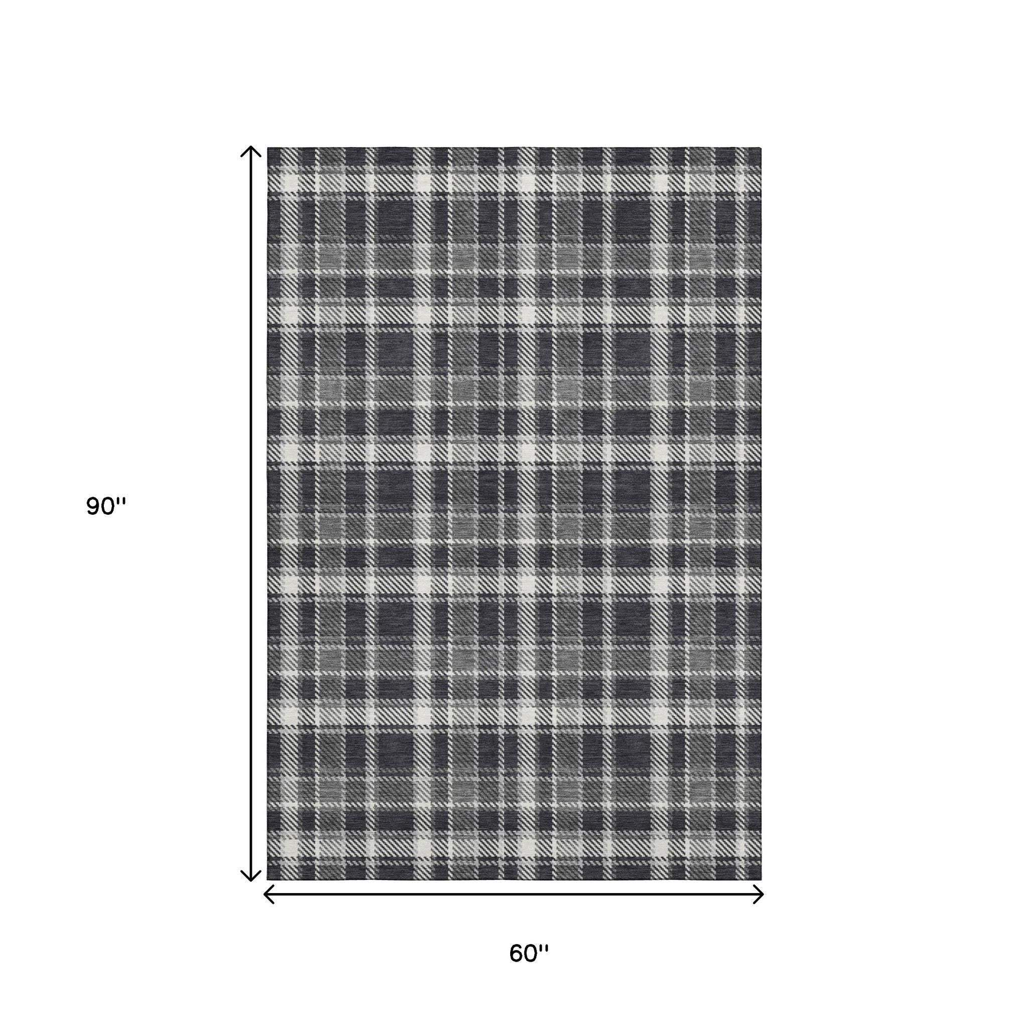 5' X 8' Black And Ivory Plaid Washable Area Rug With UV Protection - HomeRoots - Flyclothing LLC