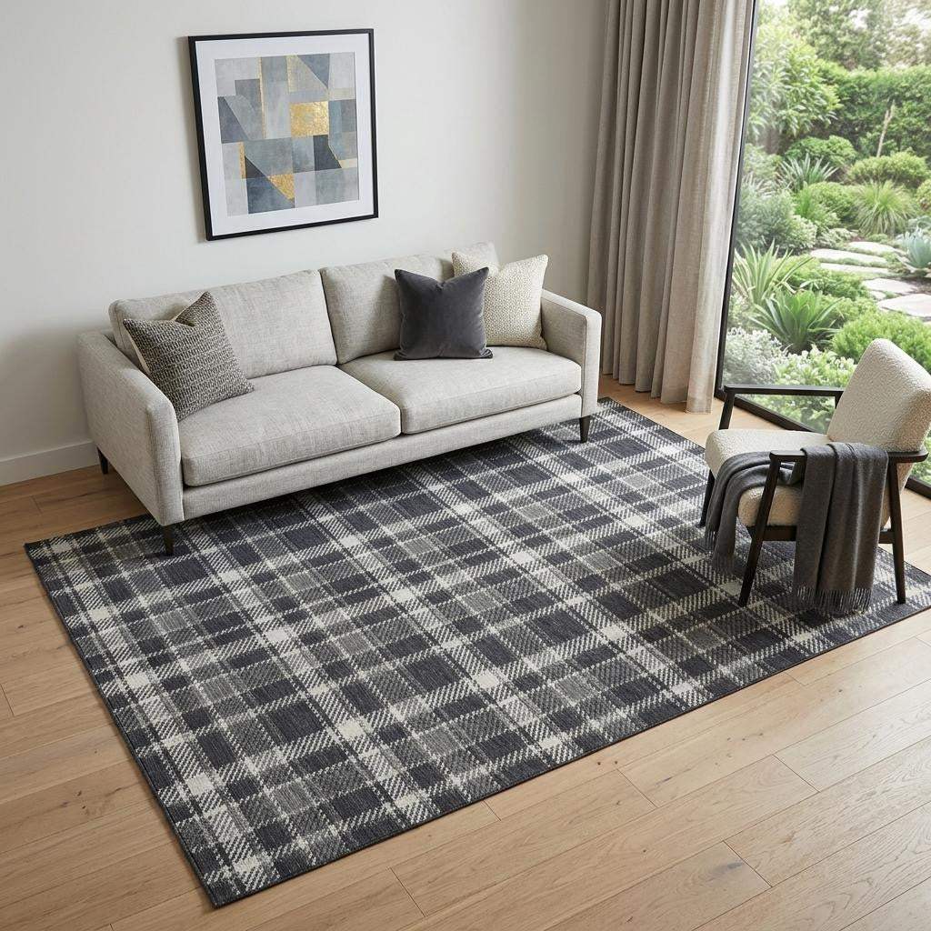 5' X 8' Black And Ivory Plaid Washable Area Rug With UV Protection - HomeRoots - Flyclothing LLC
