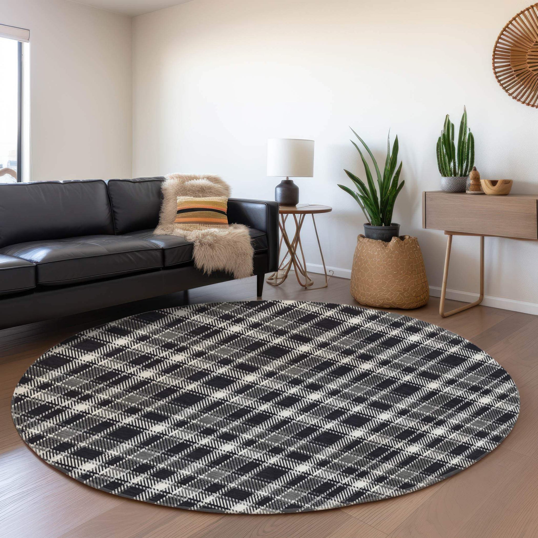 8' Black And Ivory Plaid Washable Round Rug With UV Protection - HomeRoots - Flyclothing LLC