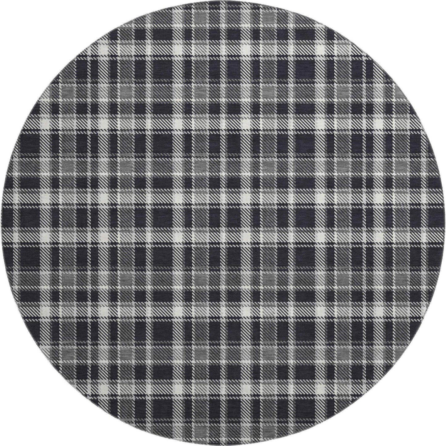 8' Black And Ivory Plaid Washable Round Rug With UV Protection - HomeRoots - Flyclothing LLC