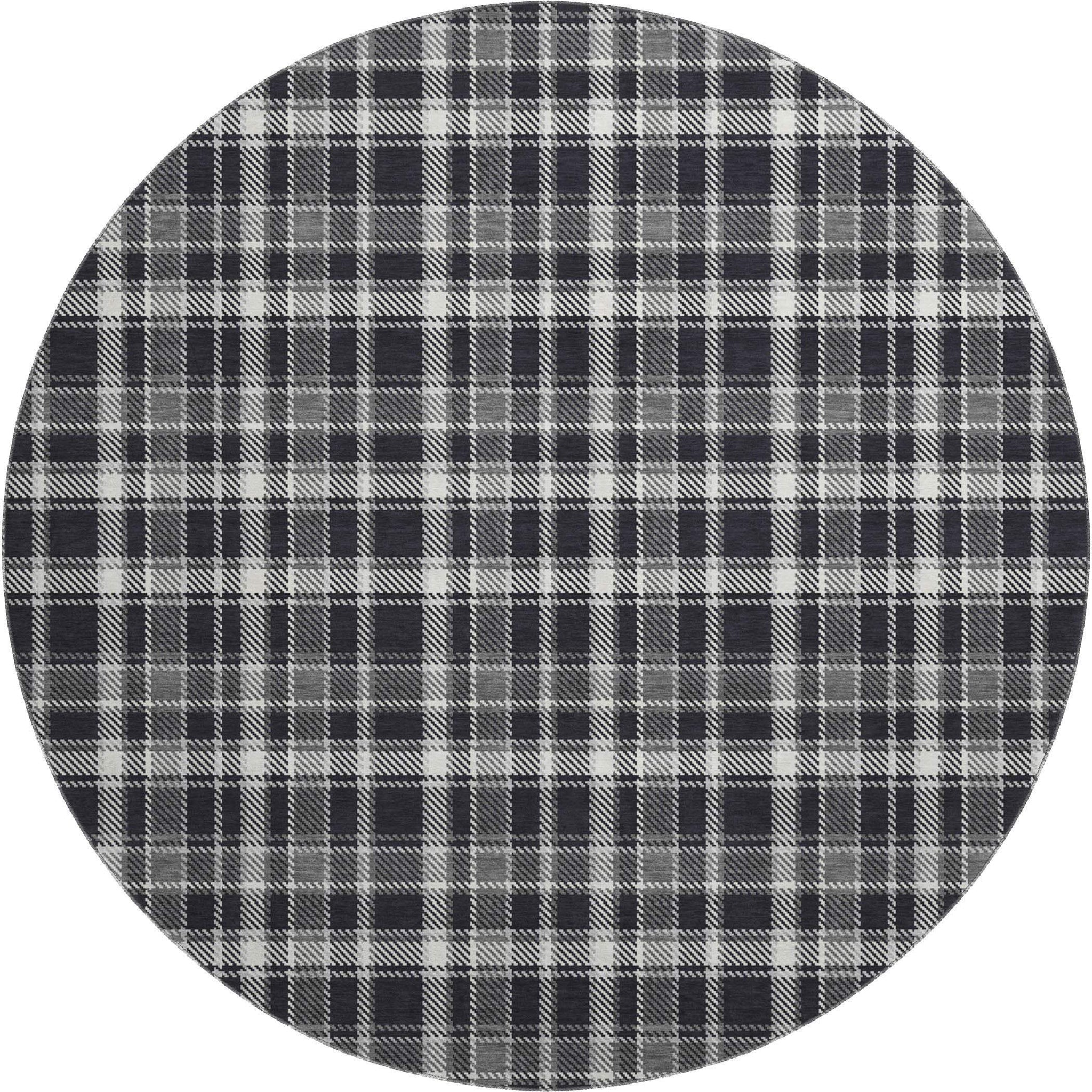 8' Black And Ivory Plaid Washable Round Rug With UV Protection - HomeRoots - Flyclothing LLC