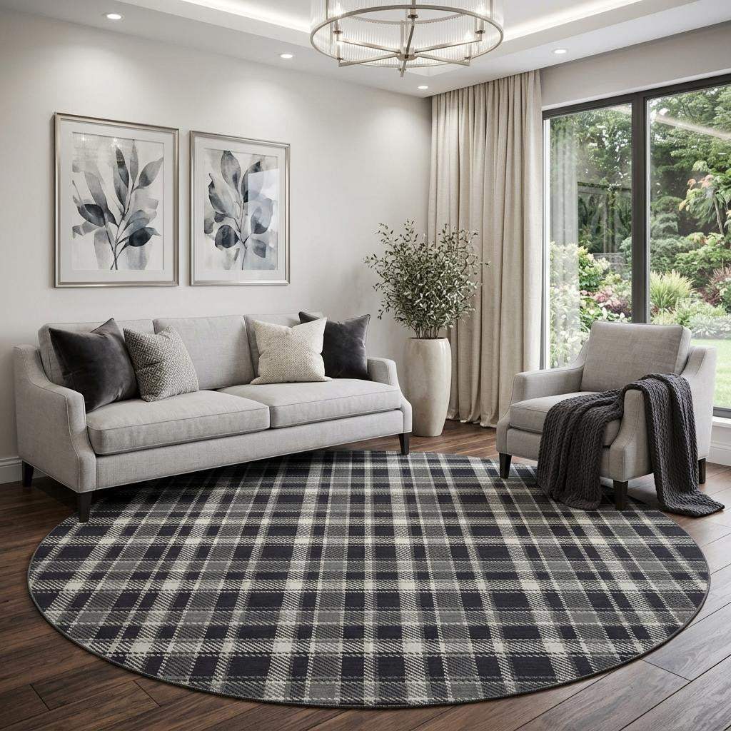 8' Black And Ivory Plaid Washable Round Rug With UV Protection - HomeRoots - Flyclothing LLC