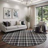 8' Black And Ivory Plaid Washable Round Rug With UV Protection - HomeRoots - Flyclothing LLC