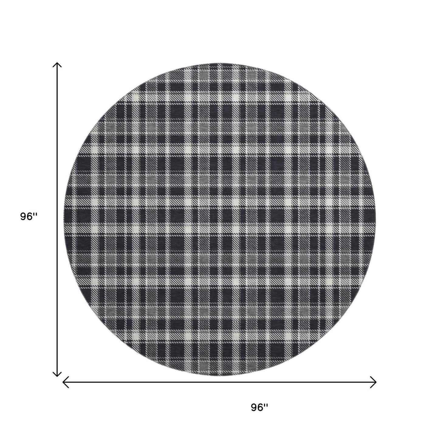 8' Black And Ivory Plaid Washable Round Rug With UV Protection - HomeRoots - Flyclothing LLC
