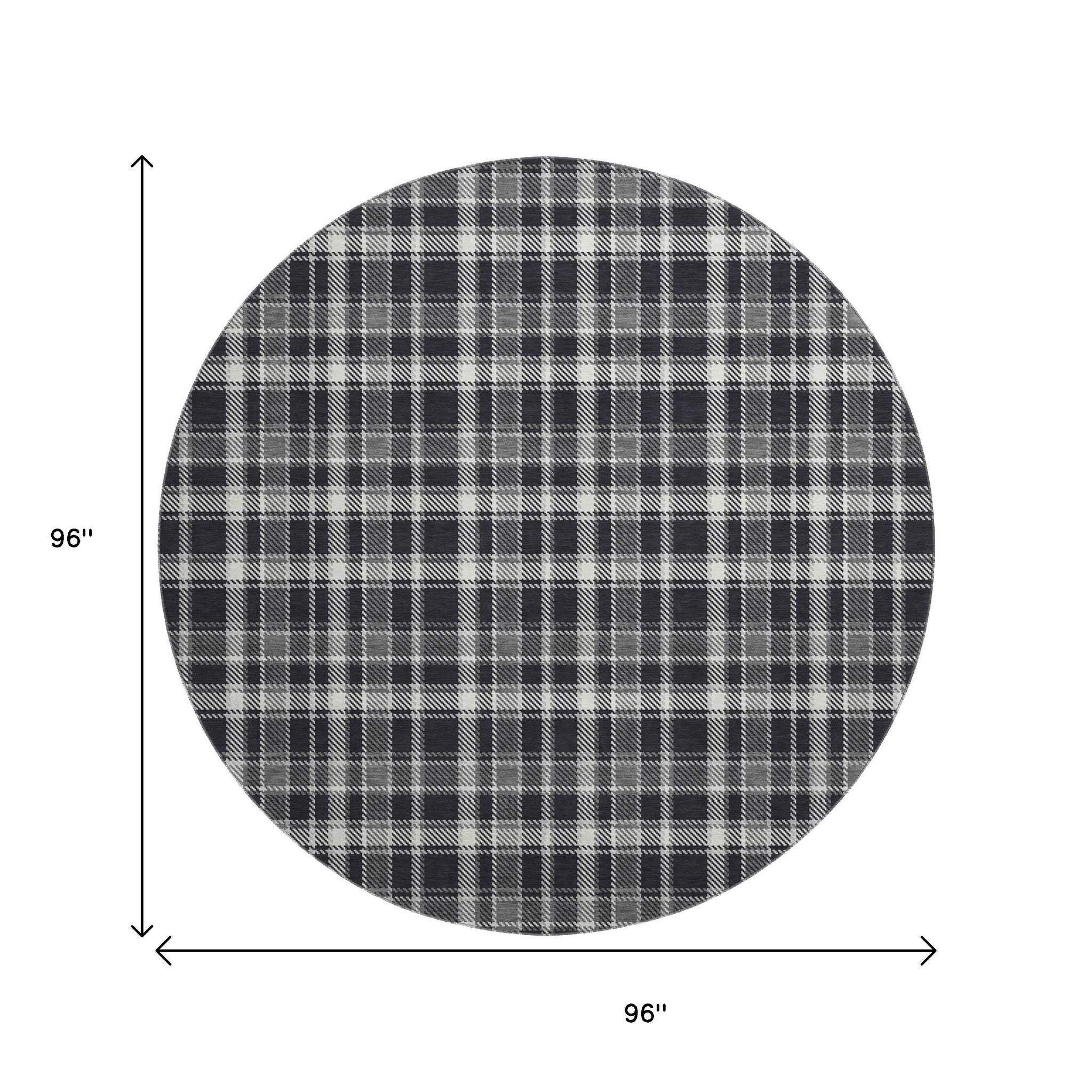 8' Black And Ivory Plaid Washable Round Rug With UV Protection - HomeRoots - Flyclothing LLC