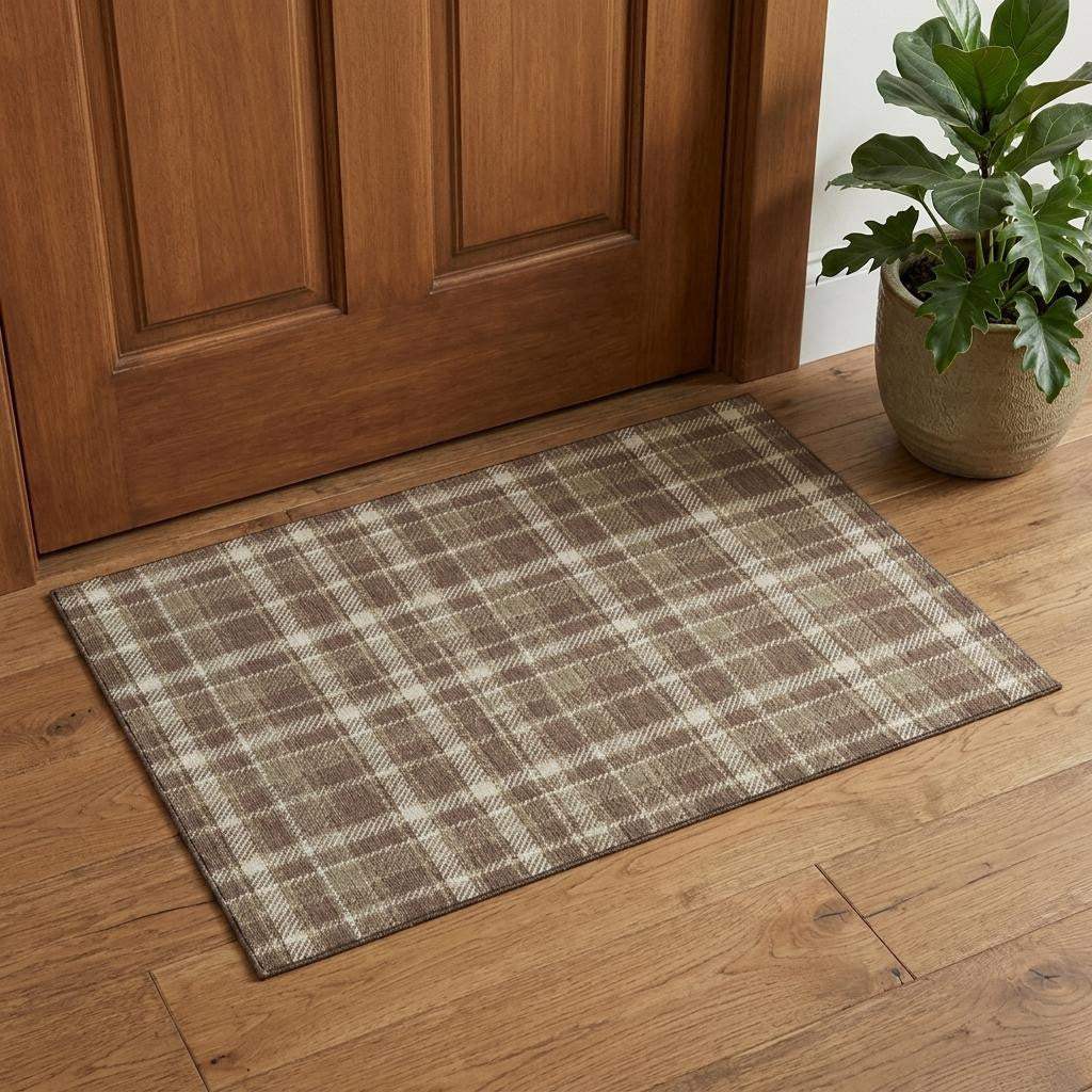 3' X 5' Chocolate And Ivory Plaid Washable Area Rug With UV Protection - HomeRoots - Flyclothing LLC