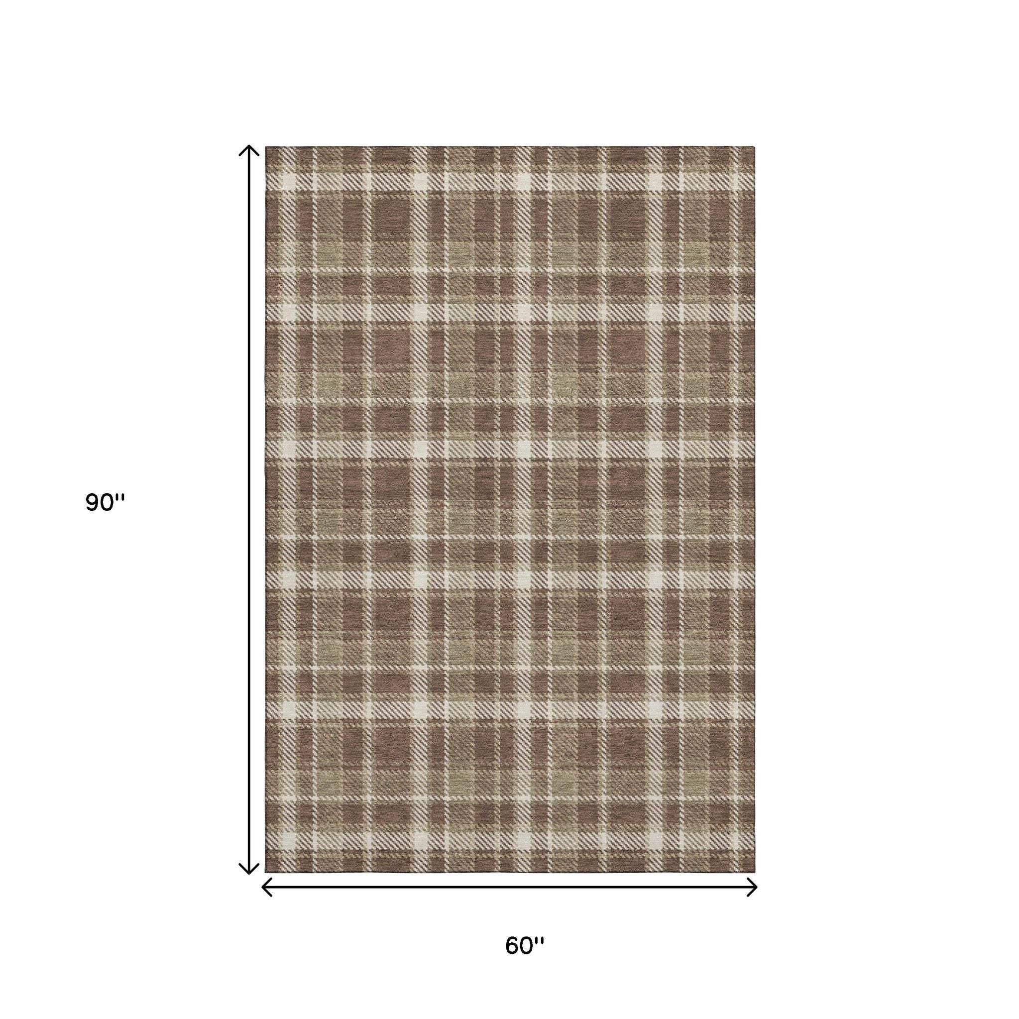 5' X 8' Chocolate And Ivory Plaid Washable Area Rug With UV Protection - HomeRoots - Flyclothing LLC