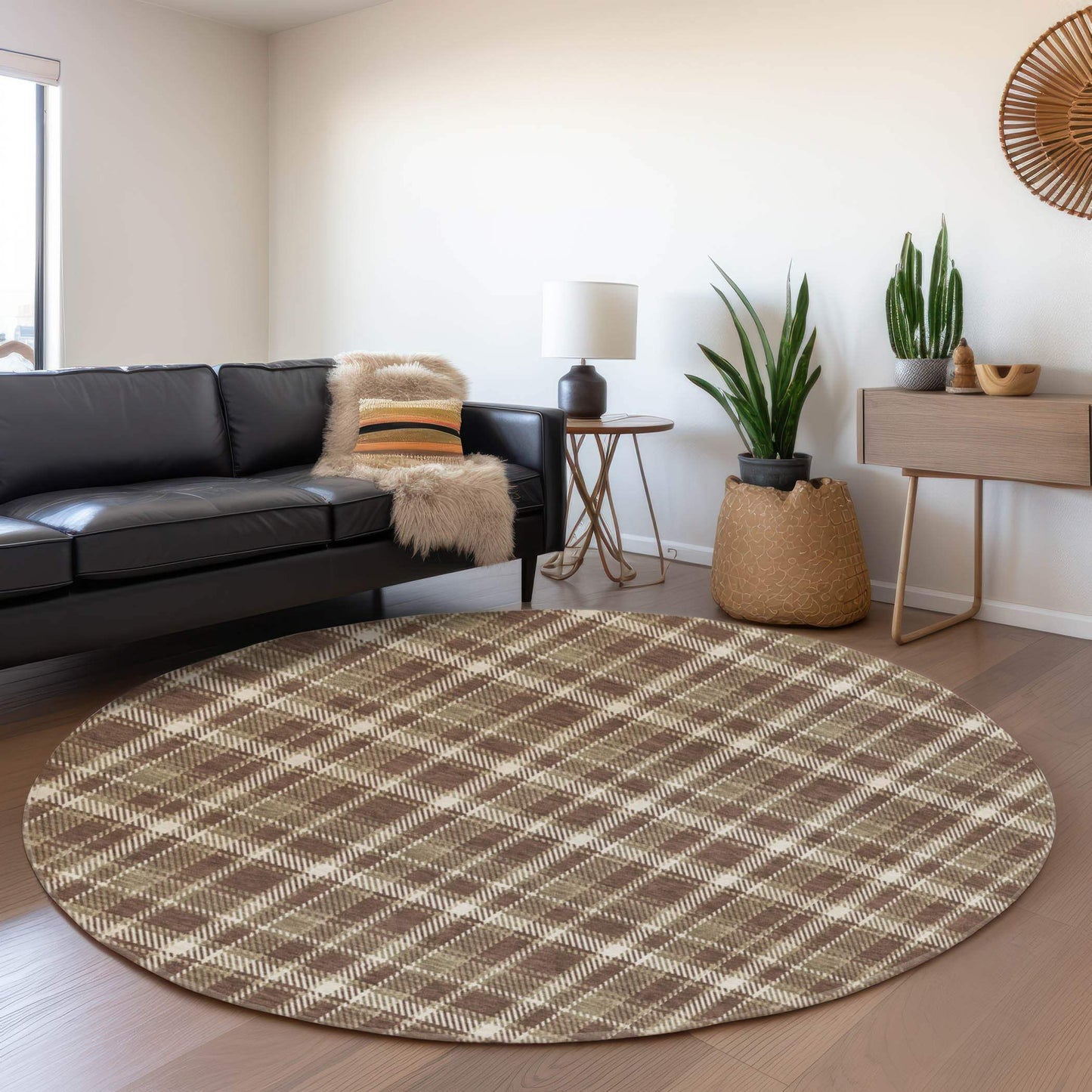 8' Chocolate And Ivory Plaid Washable Round Rug With UV Protection - HomeRoots - Flyclothing LLC