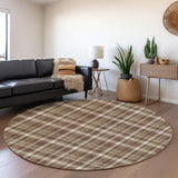 8' Chocolate And Ivory Plaid Washable Round Rug With UV Protection - HomeRoots - Flyclothing LLC