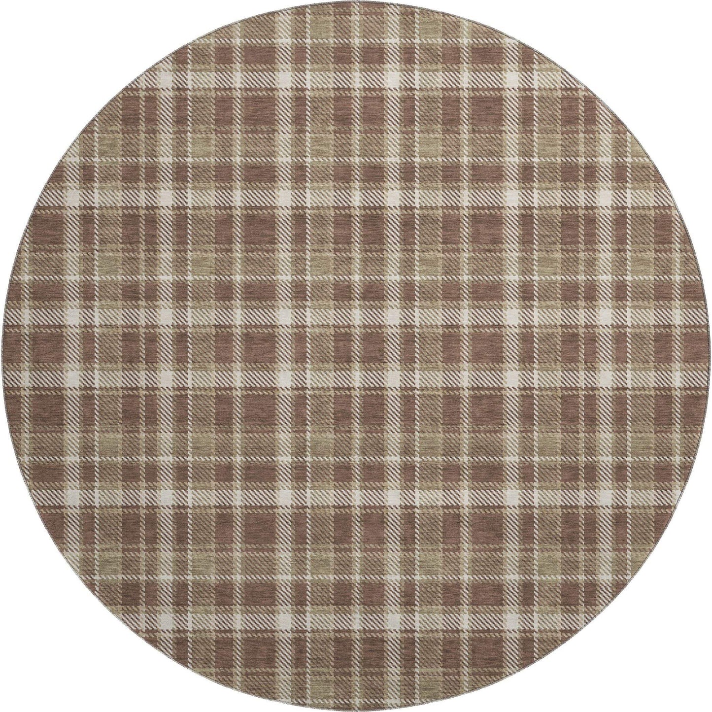 8' Chocolate And Ivory Plaid Washable Round Rug With UV Protection - HomeRoots - Flyclothing LLC