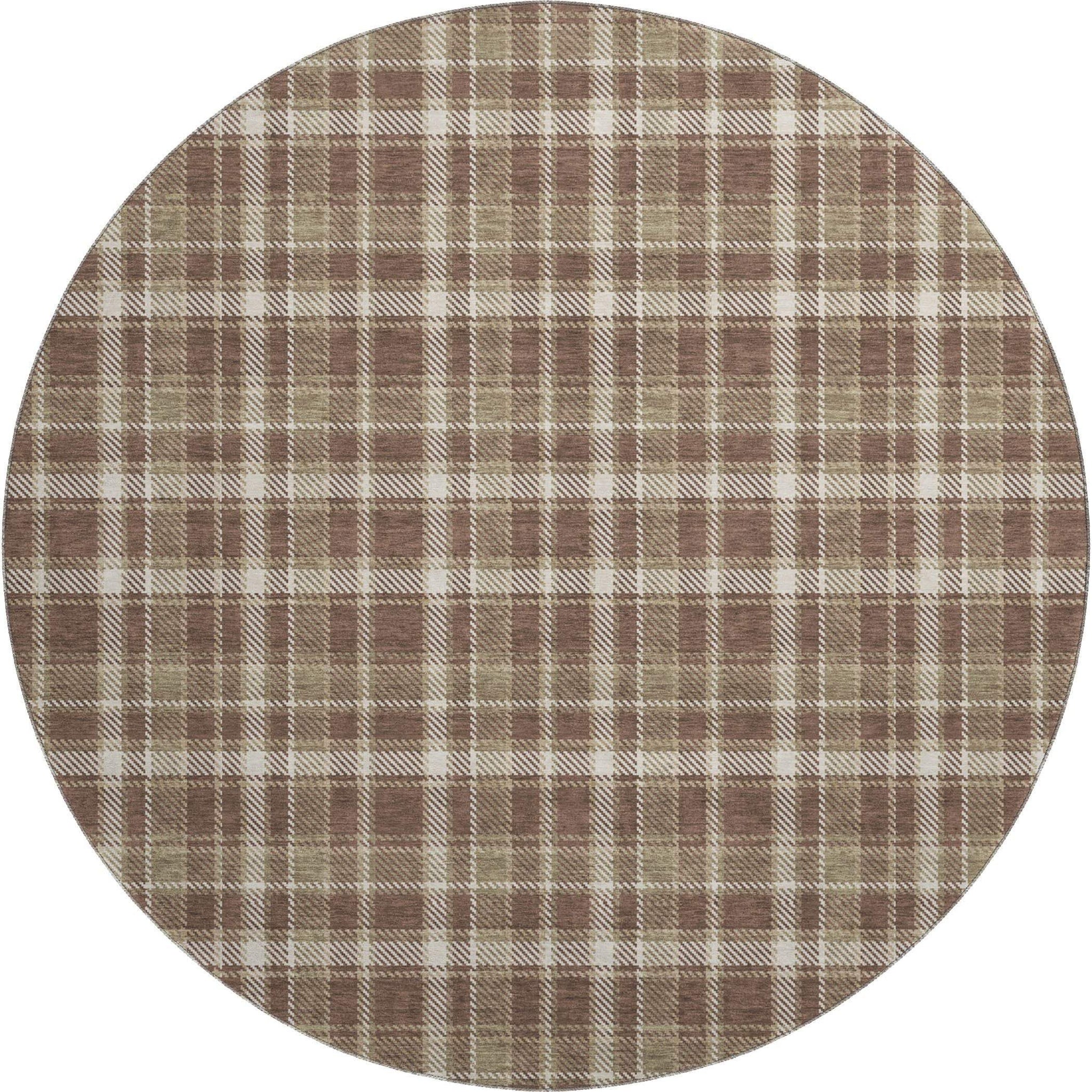 8' Chocolate And Ivory Plaid Washable Round Rug With UV Protection - HomeRoots - Flyclothing LLC