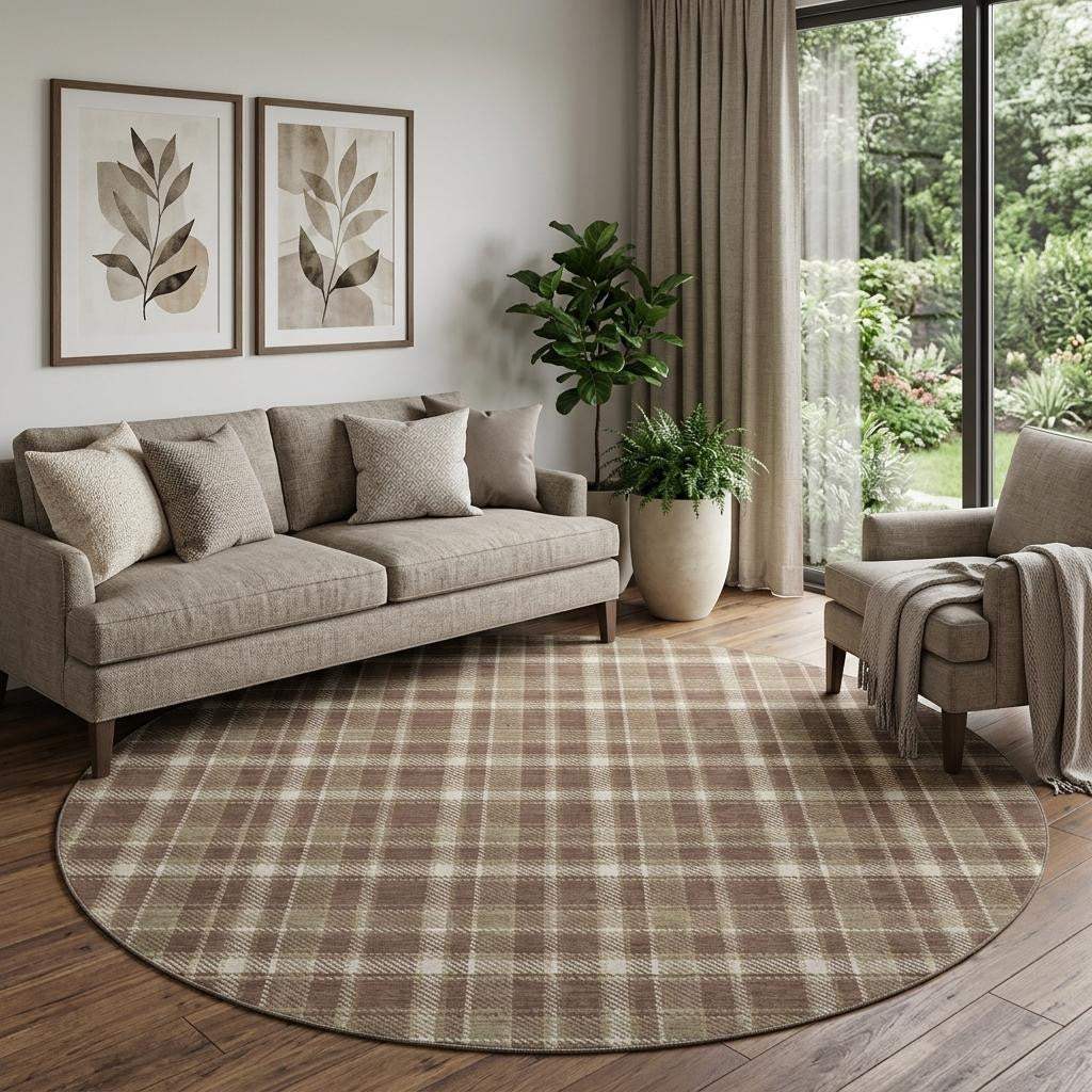 8' Chocolate And Ivory Plaid Washable Round Rug With UV Protection - HomeRoots - Flyclothing LLC