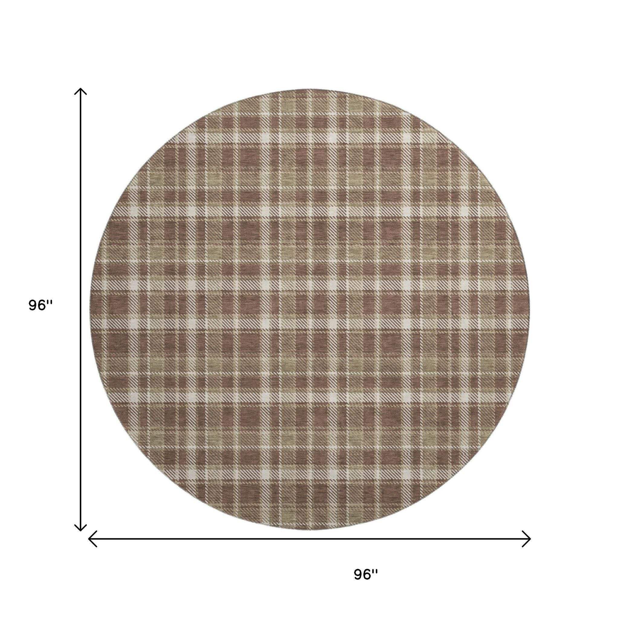8' Chocolate And Ivory Plaid Washable Round Rug With UV Protection - HomeRoots - Flyclothing LLC