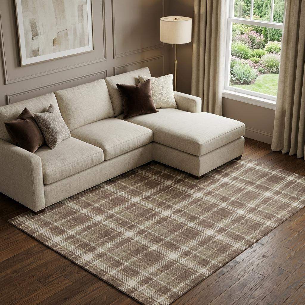 8' X 10' Chocolate And Ivory Plaid Washable Area Rug With UV Protection - HomeRoots - Flyclothing LLC