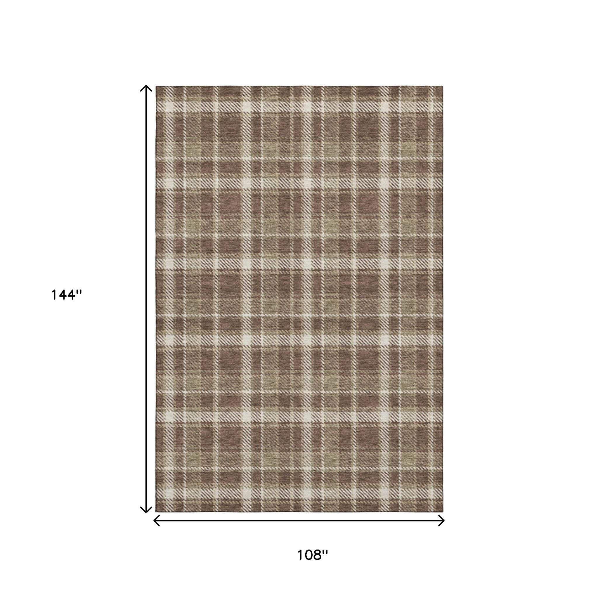 9' X 12' Chocolate And Ivory Plaid Washable Area Rug With UV Protection - HomeRoots - Flyclothing LLC