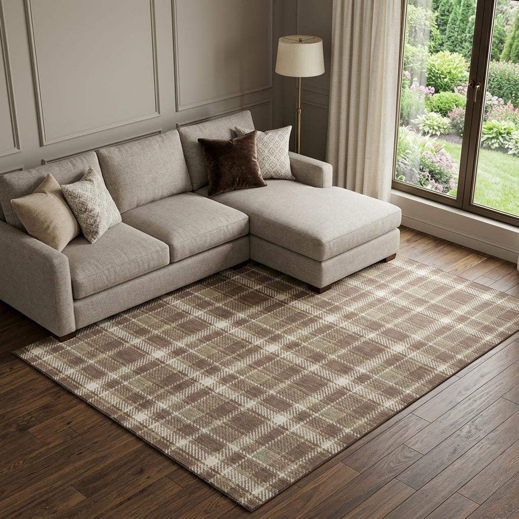 10' X 14' Chocolate And Ivory Plaid Washable Area Rug With UV Protection - HomeRoots - Flyclothing LLC