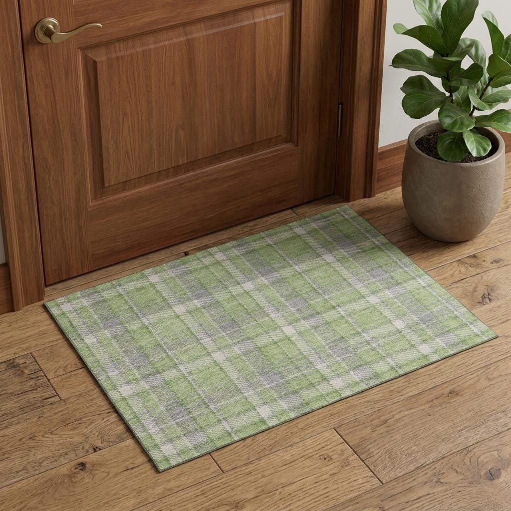 3' X 5' Green And Gray Plaid Washable Area Rug With UV Protection - HomeRoots - Flyclothing LLC