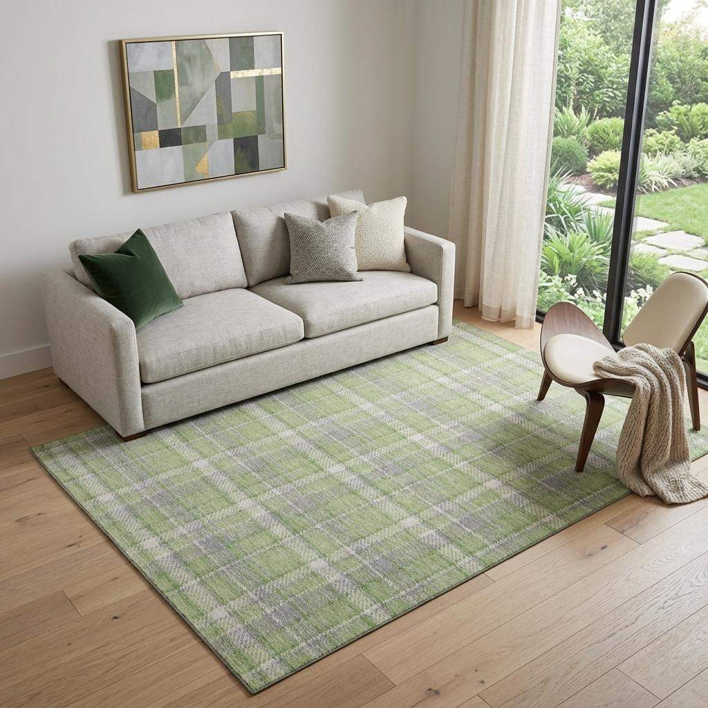 5' X 8' Green And Gray Plaid Washable Area Rug With UV Protection - HomeRoots - Flyclothing LLC