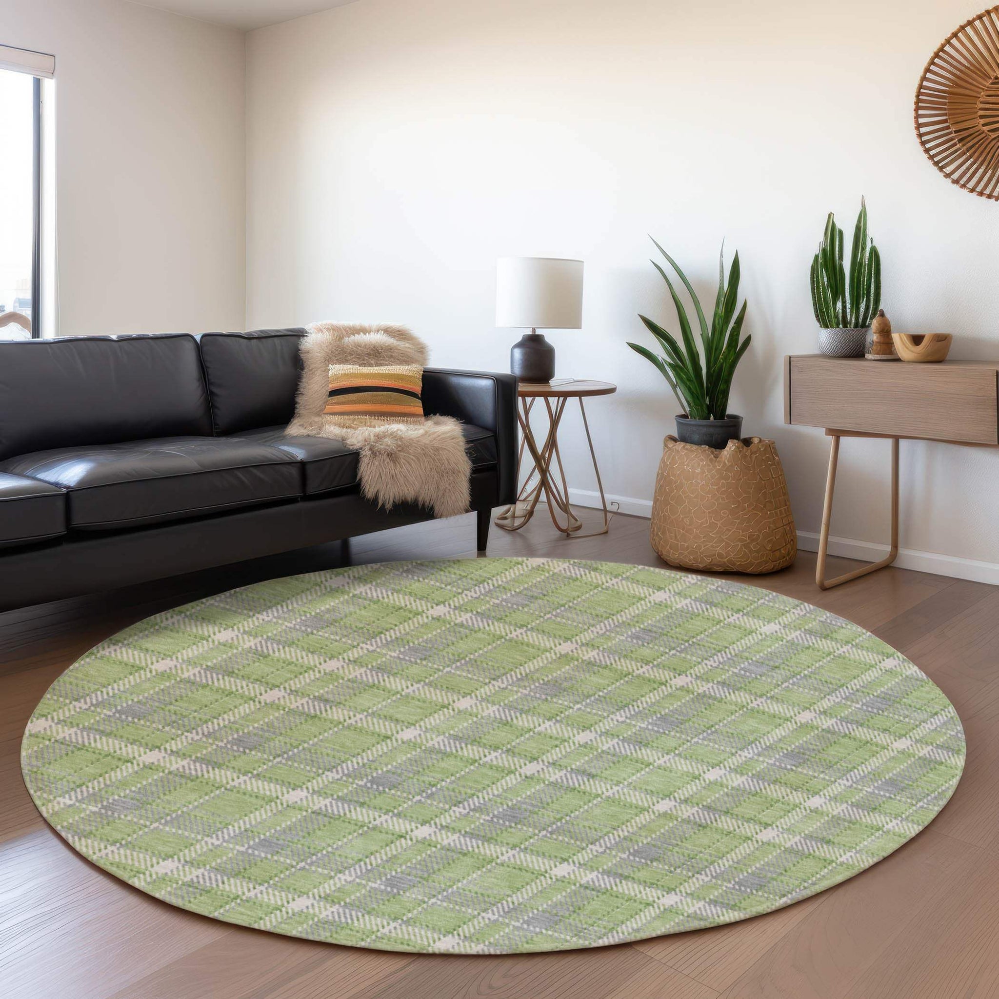 8' Green And Gray Plaid Washable Round Rug With UV Protection - HomeRoots - Flyclothing LLC