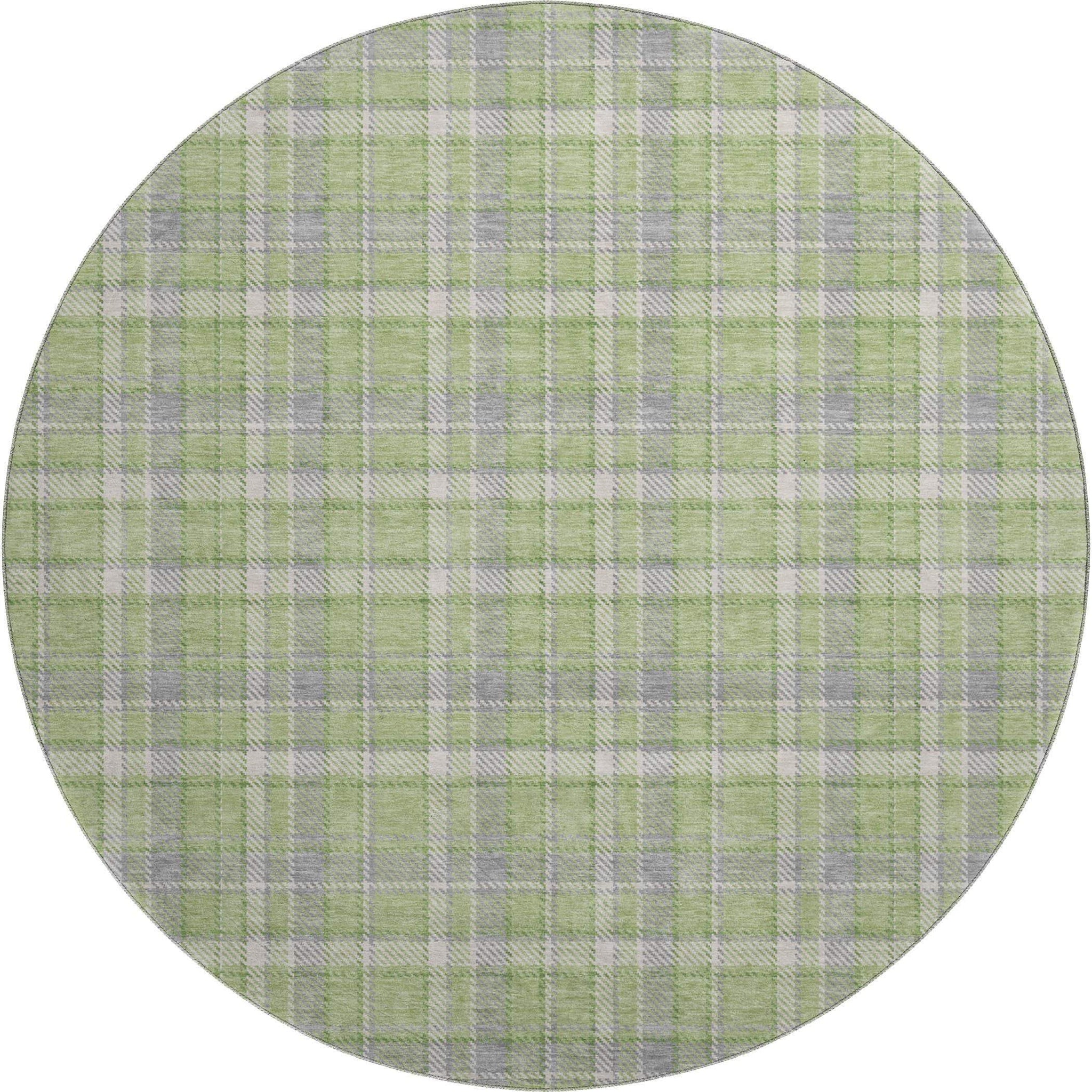 8' Green And Gray Plaid Washable Round Rug With UV Protection - HomeRoots - Flyclothing LLC