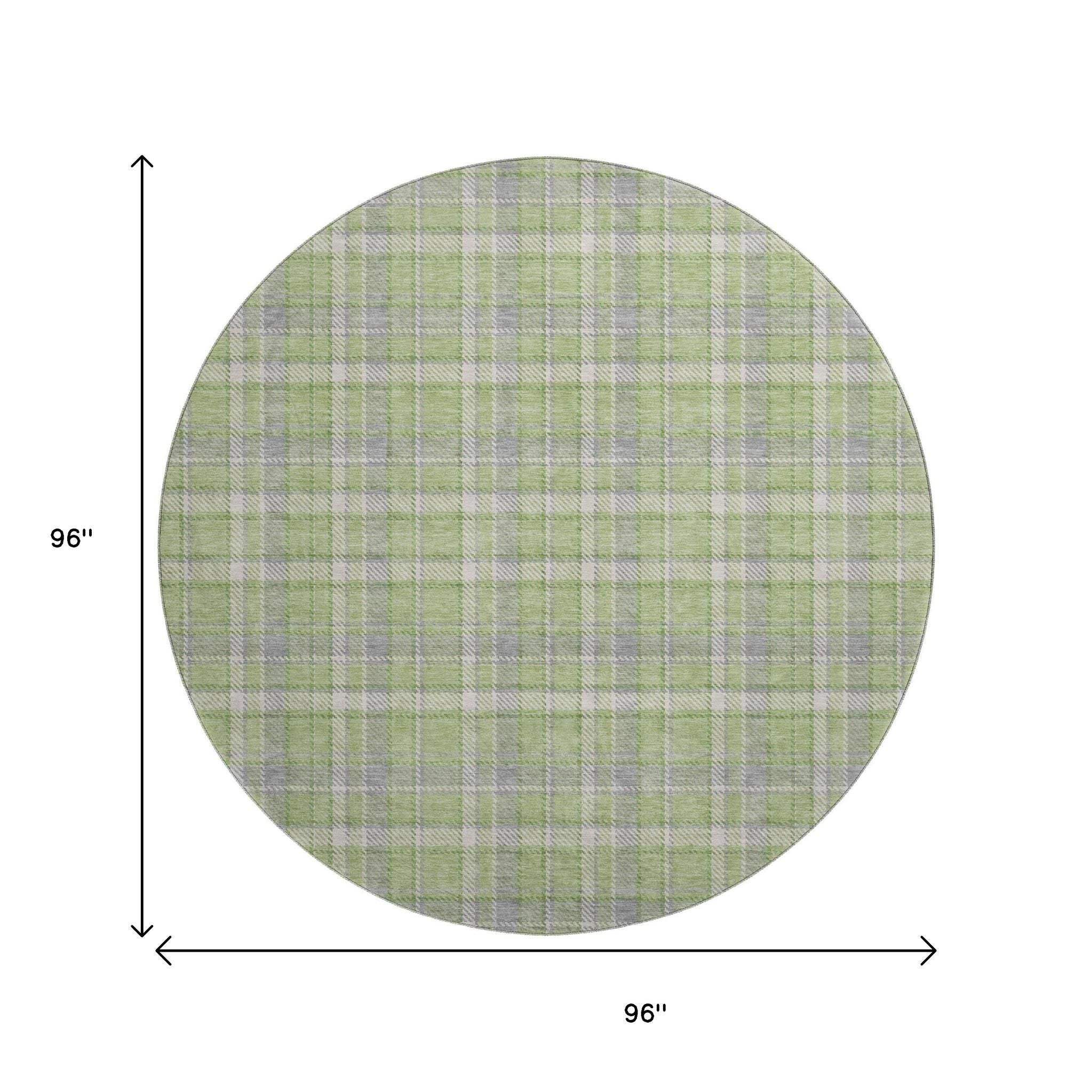 8' Green And Gray Plaid Washable Round Rug With UV Protection - HomeRoots - Flyclothing LLC