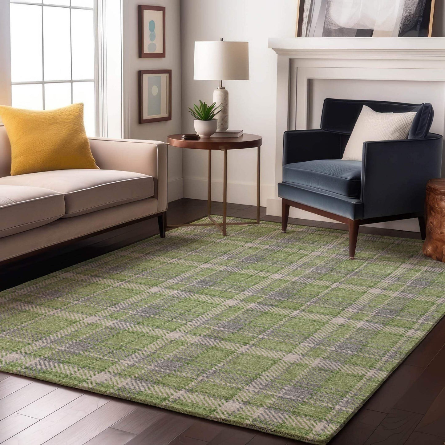 8' X 10' Green And Gray Plaid Washable Area Rug With UV Protection - HomeRoots - Flyclothing LLC