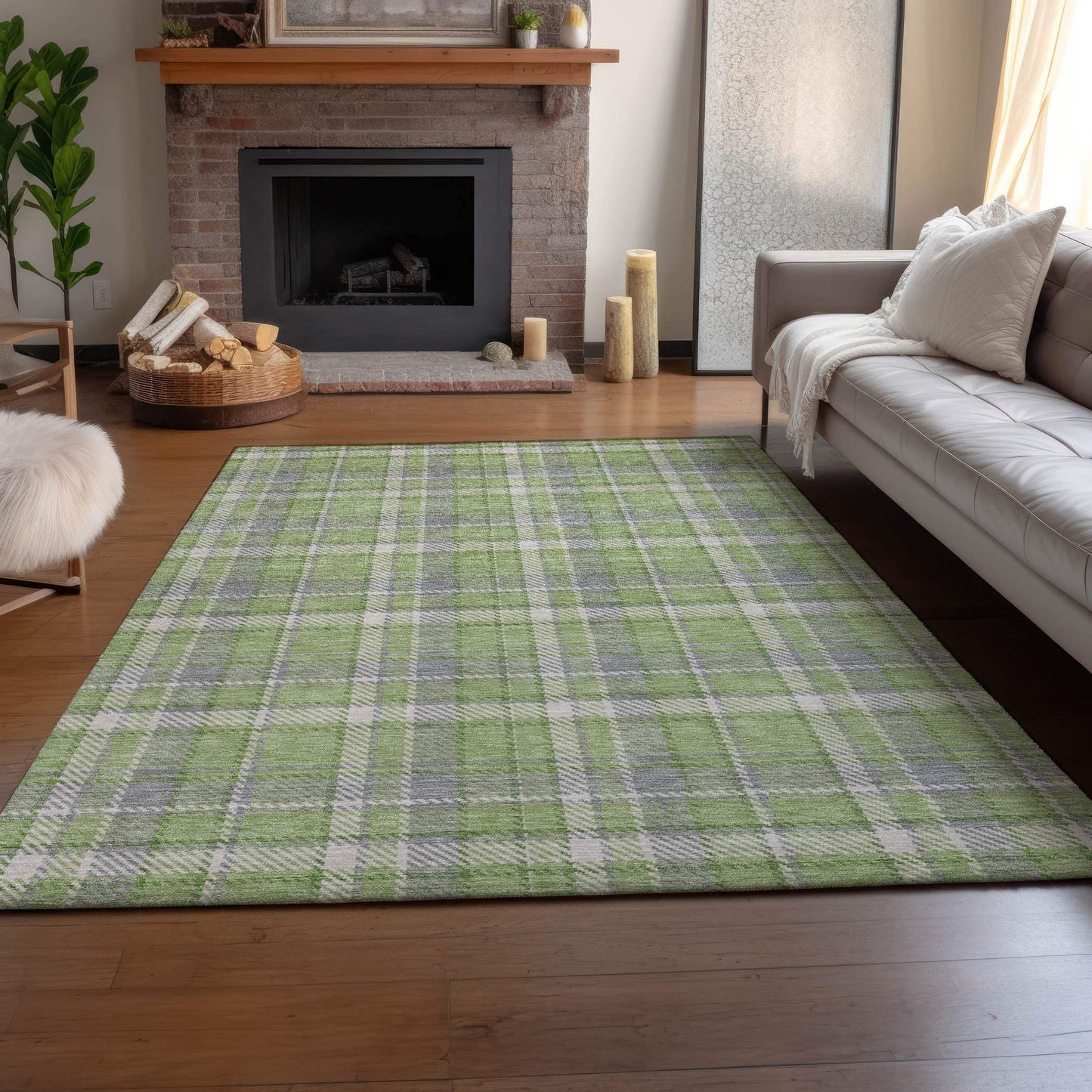 8' X 10' Green And Gray Plaid Washable Area Rug With UV Protection - HomeRoots - Flyclothing LLC