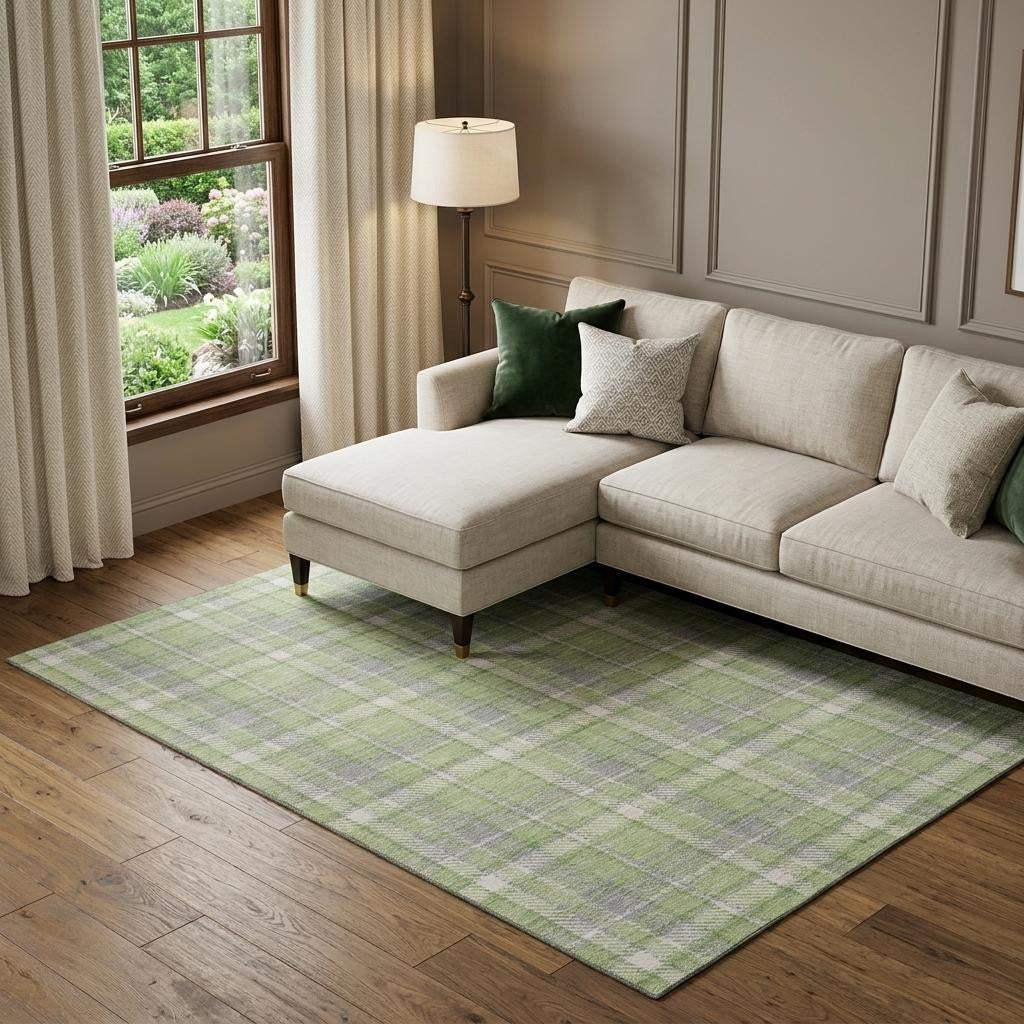 8' X 10' Green And Gray Plaid Washable Area Rug With UV Protection - HomeRoots - Flyclothing LLC