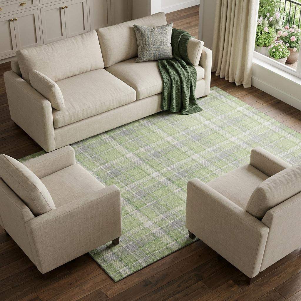 9' X 12' Green And Gray Plaid Washable Area Rug With UV Protection - HomeRoots - Flyclothing LLC