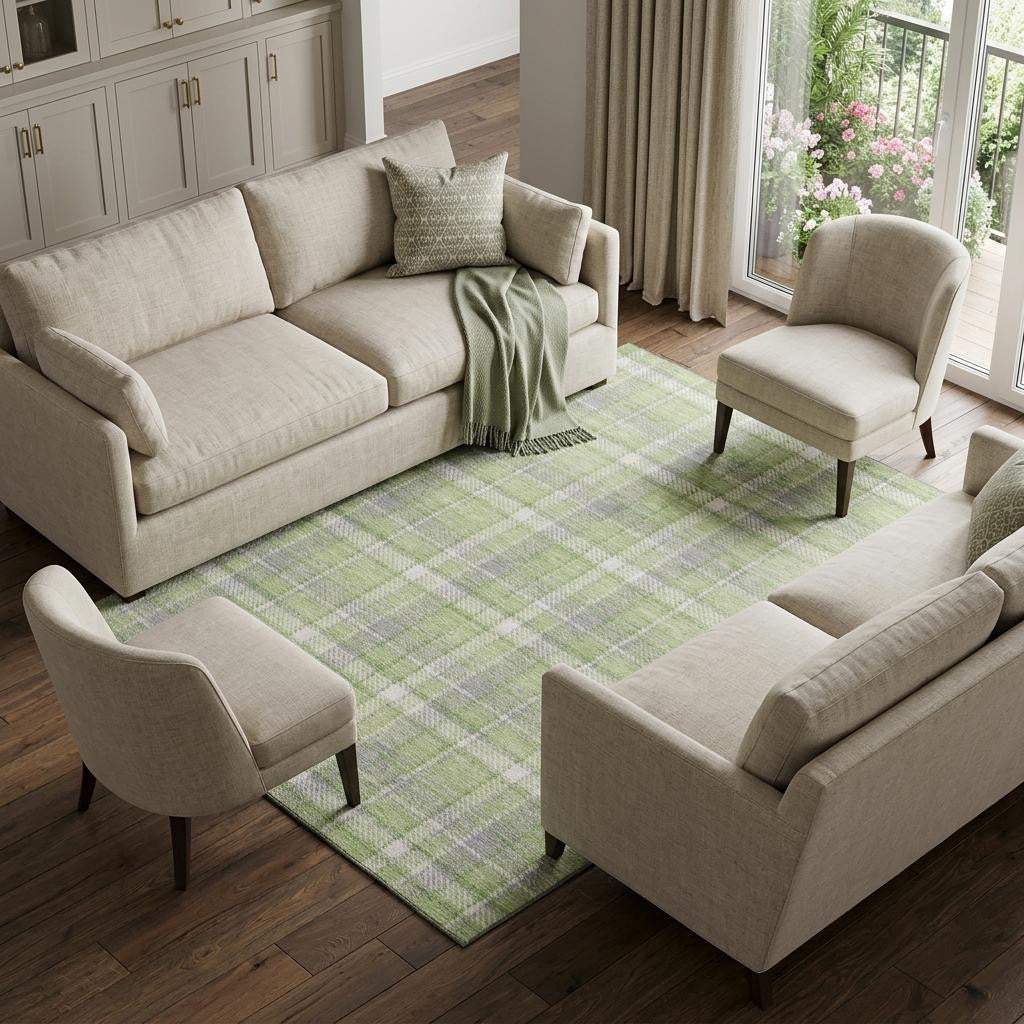 10' X 14' Green And Gray Plaid Washable Area Rug With UV Protection - HomeRoots - Flyclothing LLC
