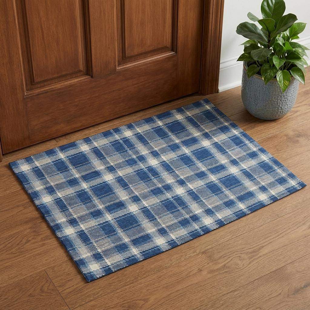 3' X 5' Navy Blue And Ivory Plaid Washable Area Rug With UV Protection - HomeRoots - Flyclothing LLC