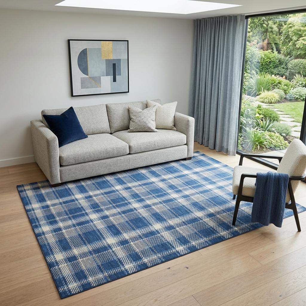 5' X 8' Navy Blue And Ivory Plaid Washable Area Rug With UV Protection - HomeRoots - Flyclothing LLC