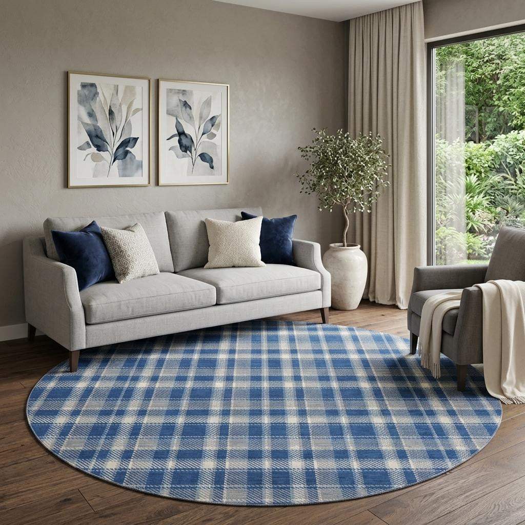 8' Navy Blue And Ivory Plaid Washable Round Rug With UV Protection - HomeRoots - Flyclothing LLC