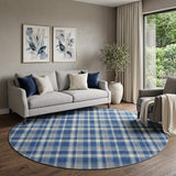 8' Navy Blue And Ivory Plaid Washable Round Rug With UV Protection - HomeRoots - Flyclothing LLC