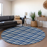 8' Navy Blue And Ivory Plaid Washable Round Rug With UV Protection - HomeRoots - Flyclothing LLC