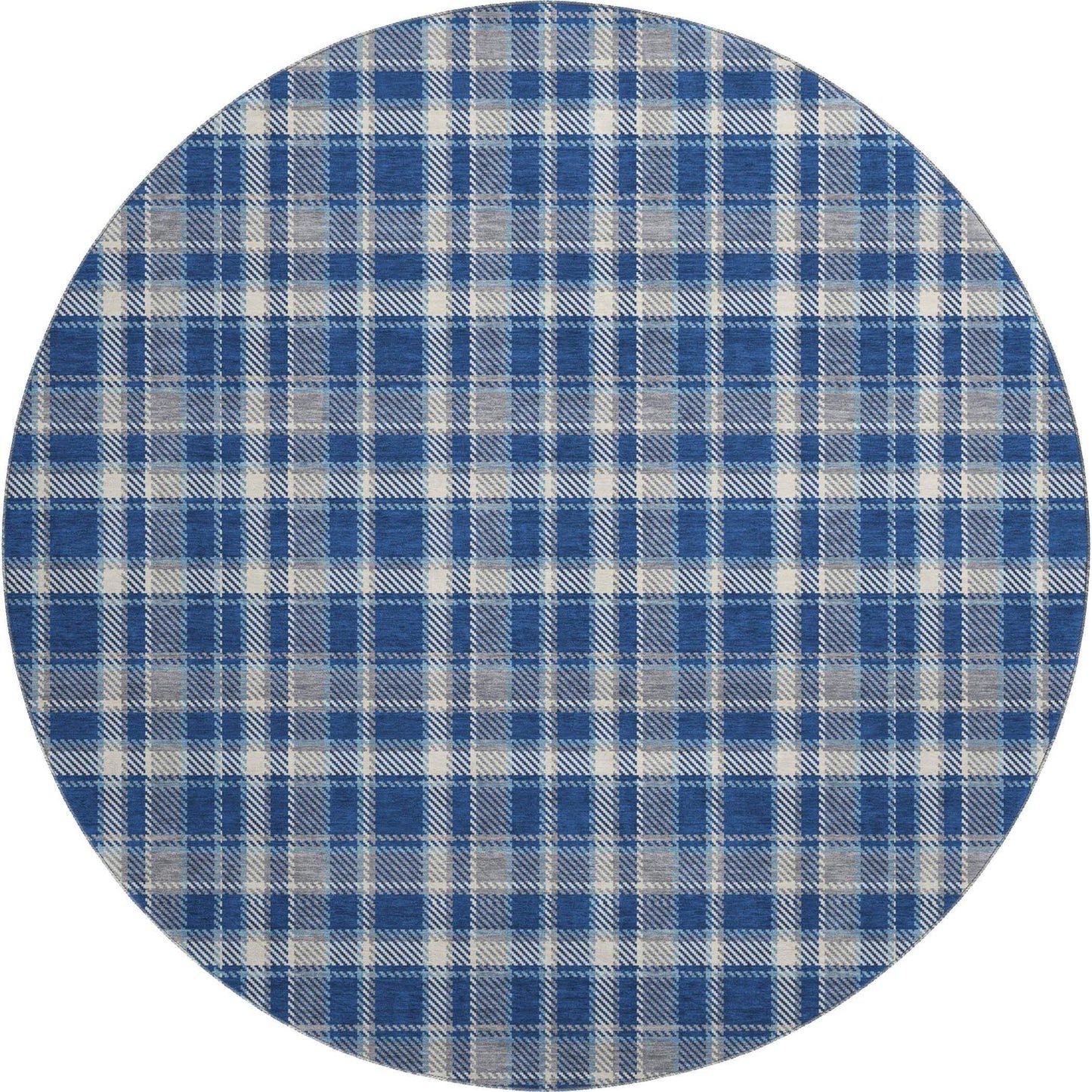 8' Navy Blue And Ivory Plaid Washable Round Rug With UV Protection - HomeRoots - Flyclothing LLC