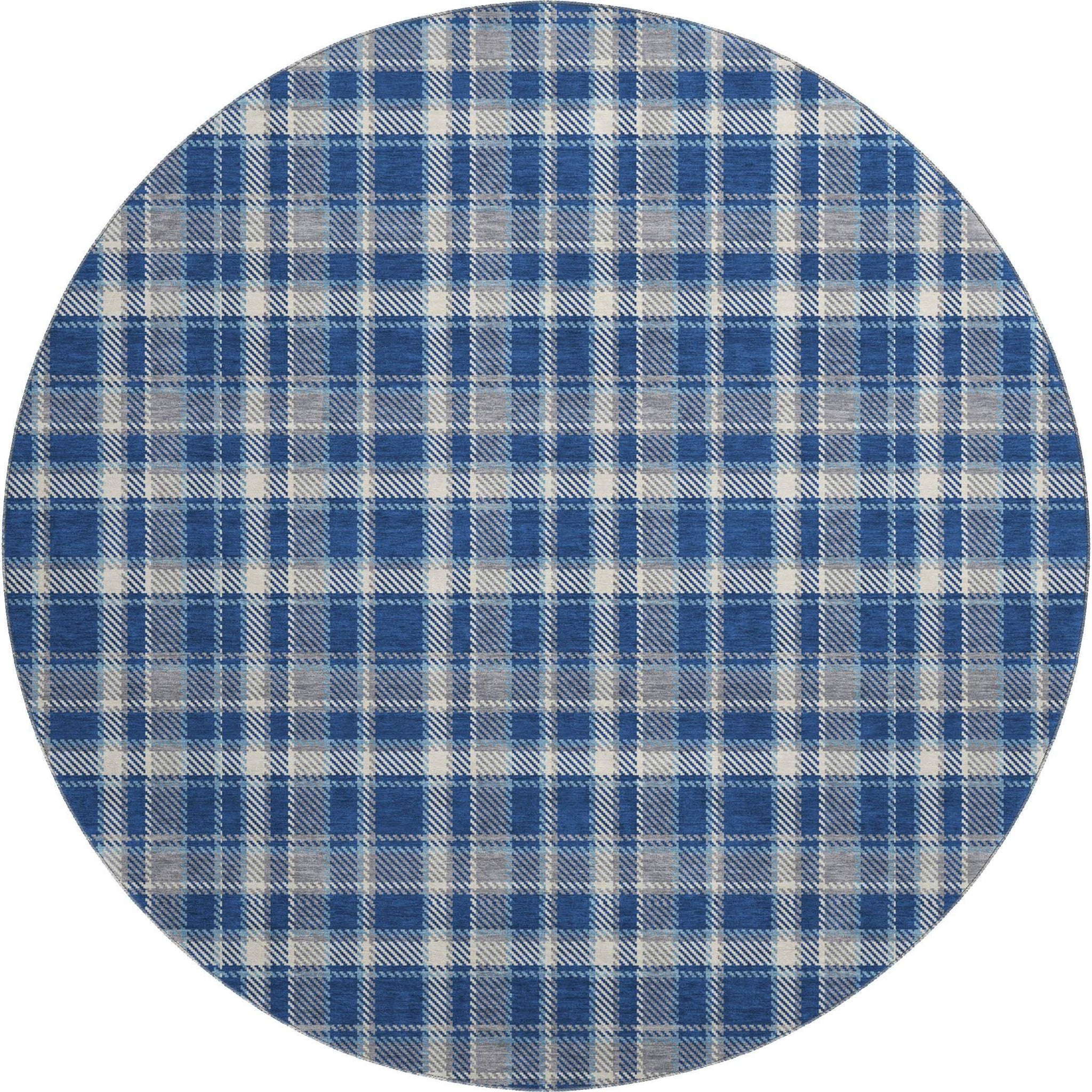 8' Navy Blue And Ivory Plaid Washable Round Rug With UV Protection - HomeRoots - Flyclothing LLC