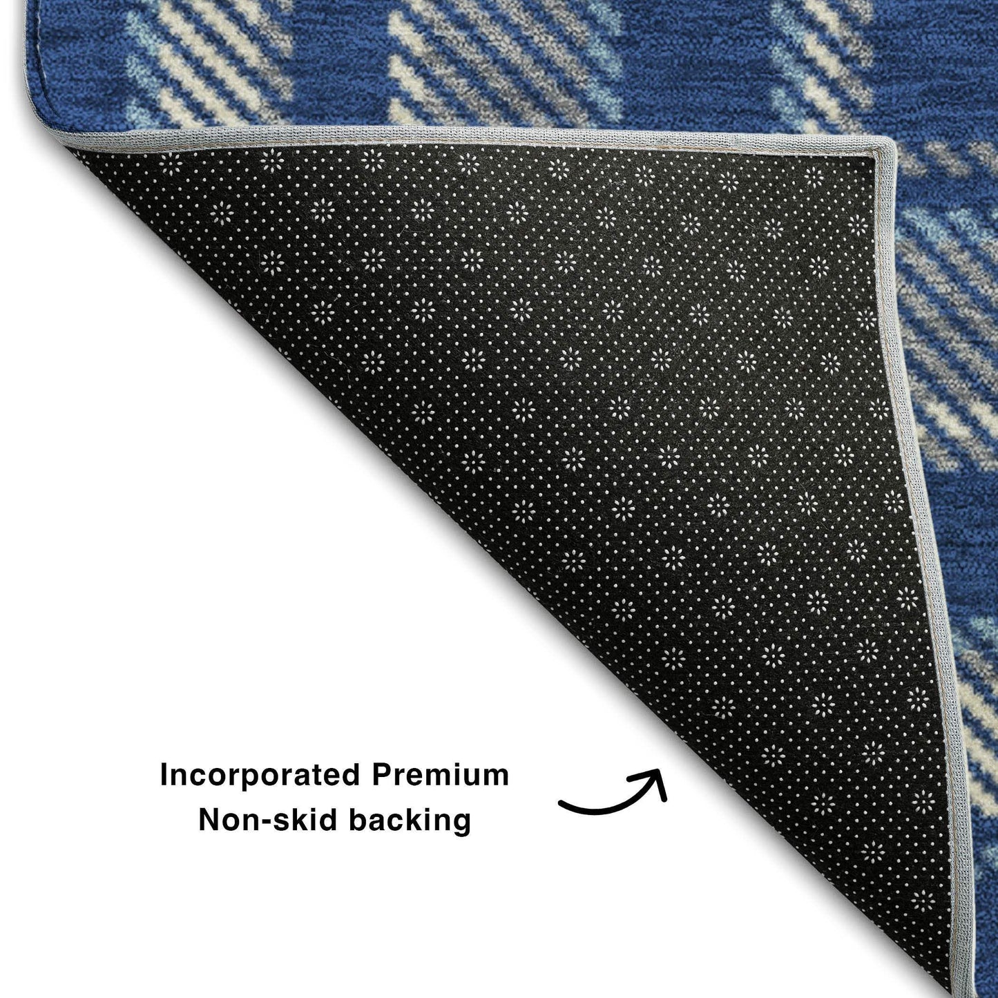 8' Navy Blue And Ivory Plaid Washable Round Rug With UV Protection - HomeRoots - Flyclothing LLC